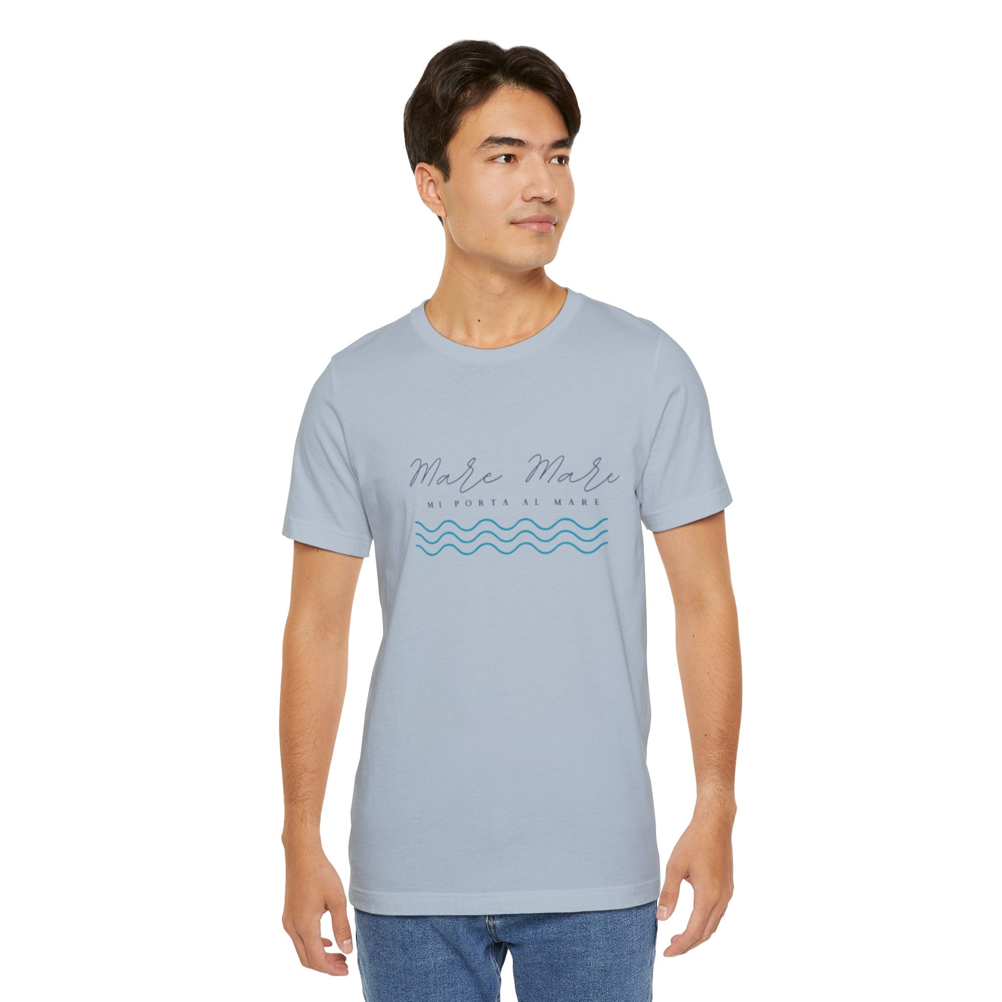 Italienisches Marken-Sommer-T-Shirt aus Jersey mit kurzen Ärmeln und italienischem Slogan: Mare Mare