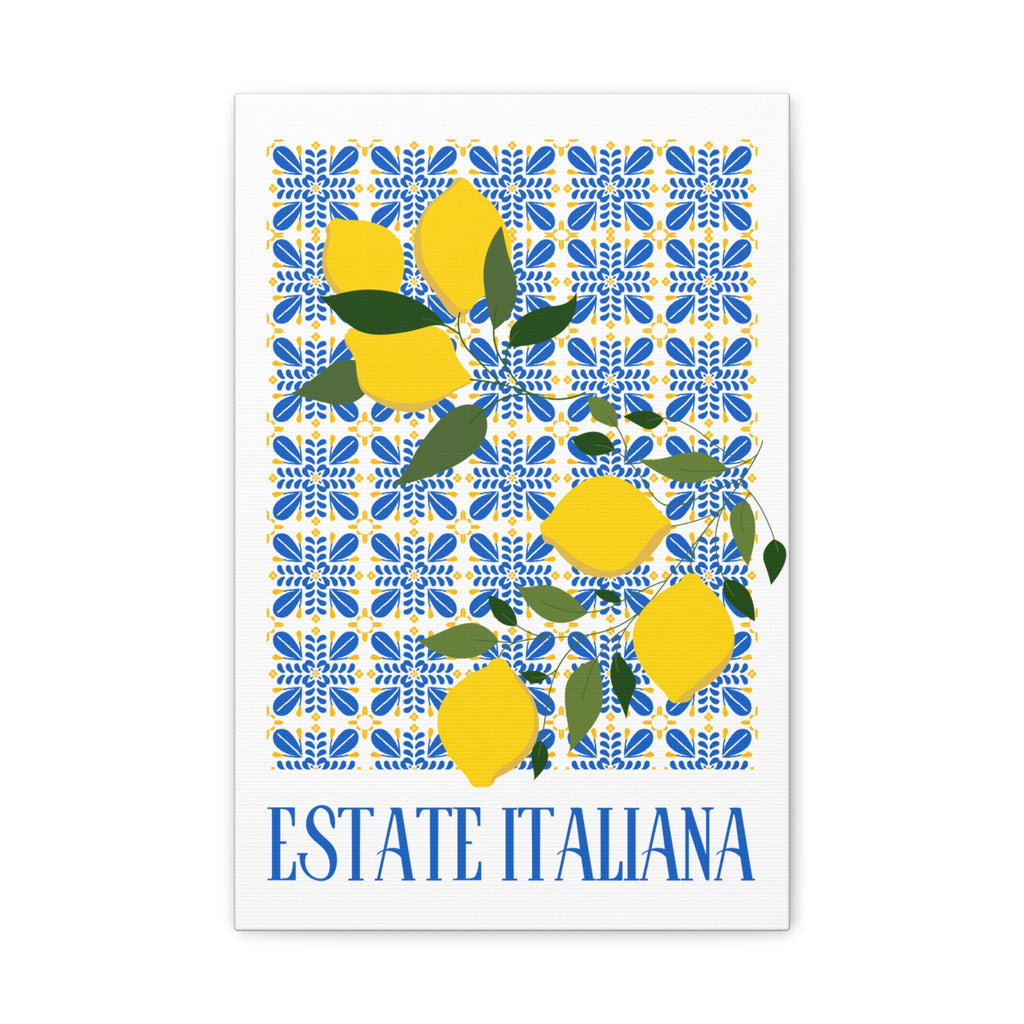 Estate Italiana – Italienischer Sommer – Leinwanddruck – mit dekorativen Zitronen und Majolika-Fliesen – Dekorative Wanddekoration