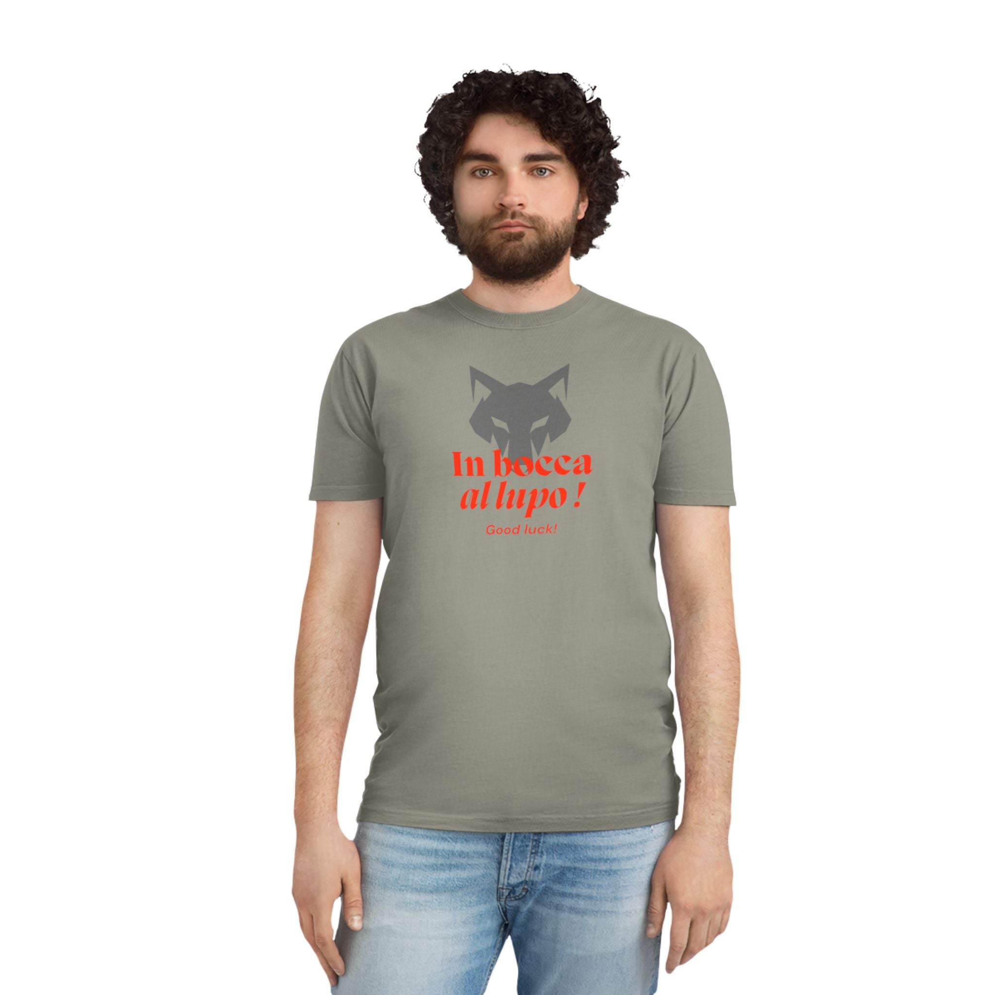 Unisex-T-Shirt mit verblasstem Glücksmotiv – „In bocca al lupo!“-Design