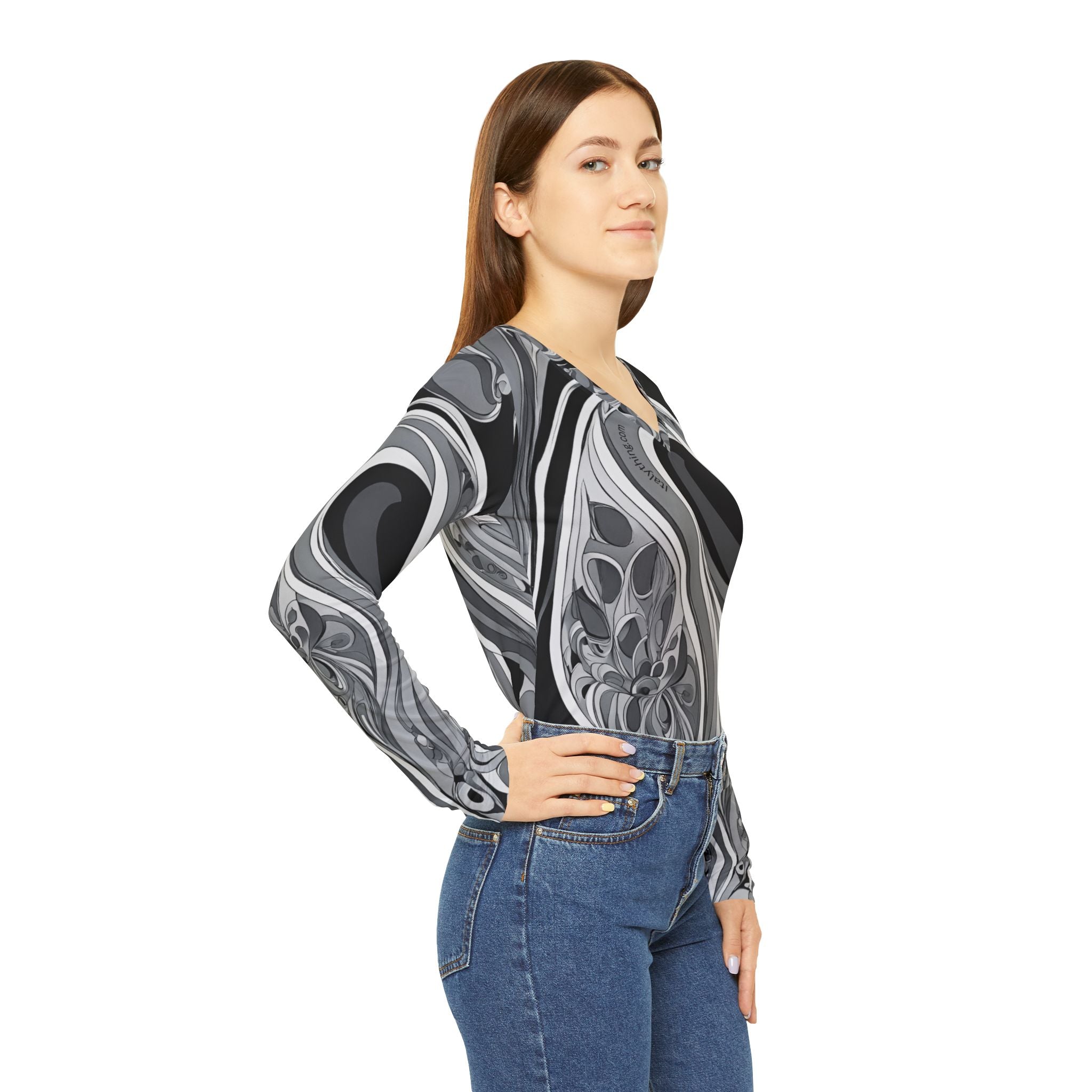 Schickes Pucci-inspiriertes Hemd mit Printärmeln und V-Ausschnitt, trendige Damenmode, perfekt für Arbeit und Reisen