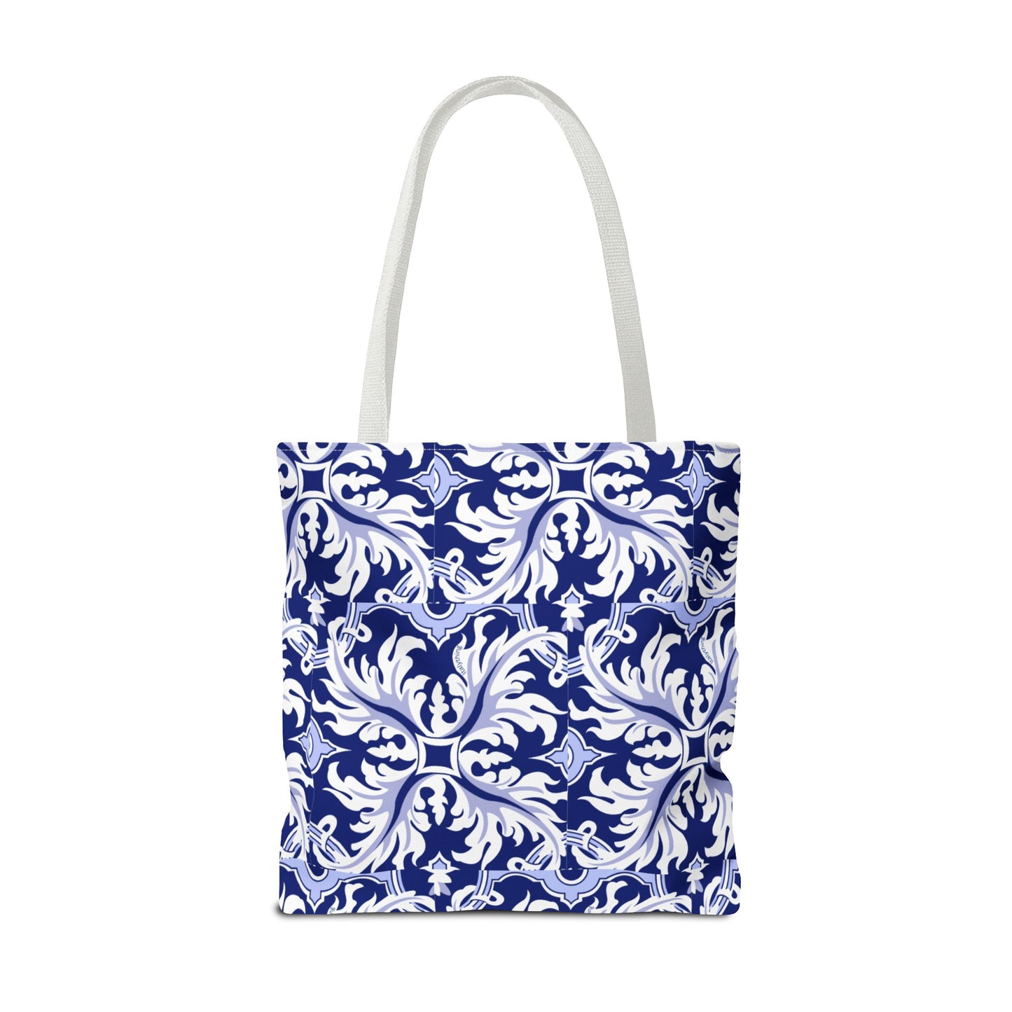Elegant Navy Majolica Pattern Tote Bag, Stylish Shopping Bag