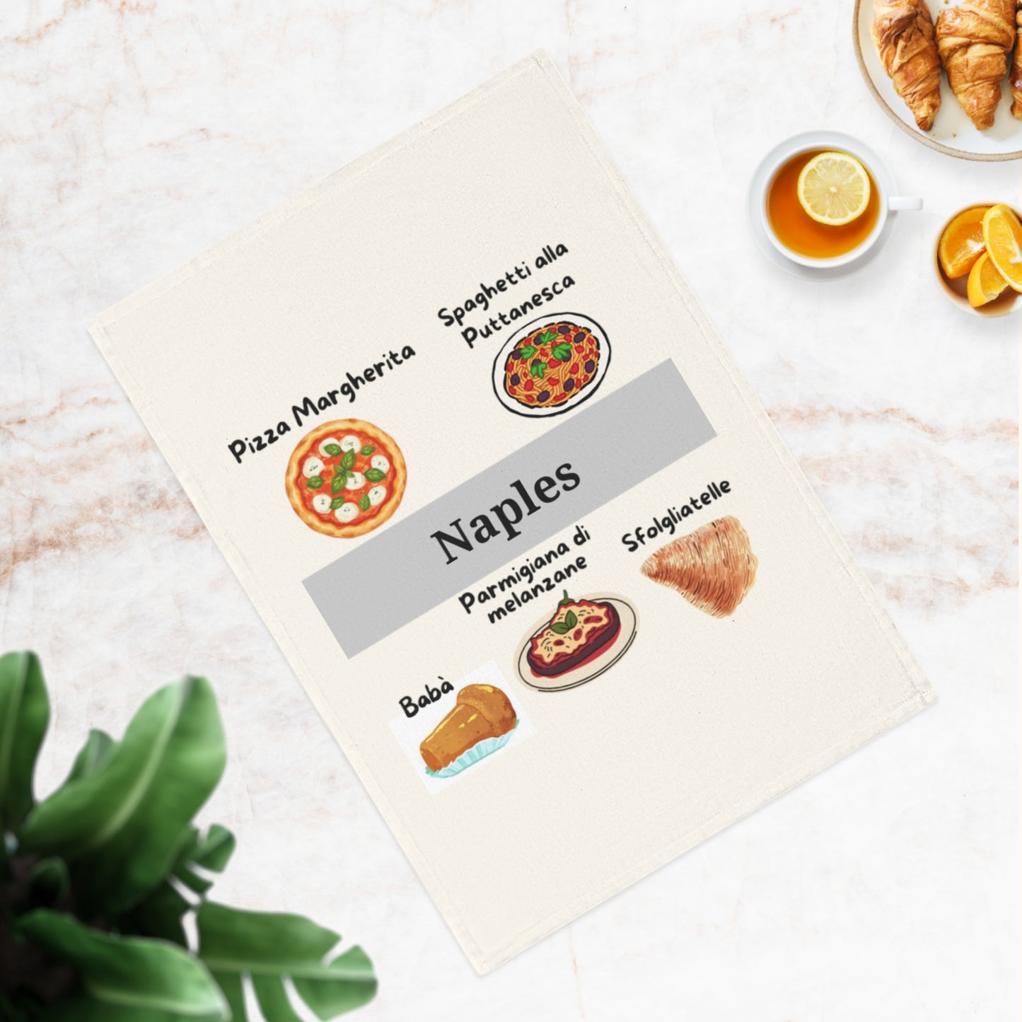 Naples-Themed Cotton Tea Towel, Culinary Towel, Kitchen Decor, Gift for Foodies, Souvenir from Italy, Italian Cuisine Art