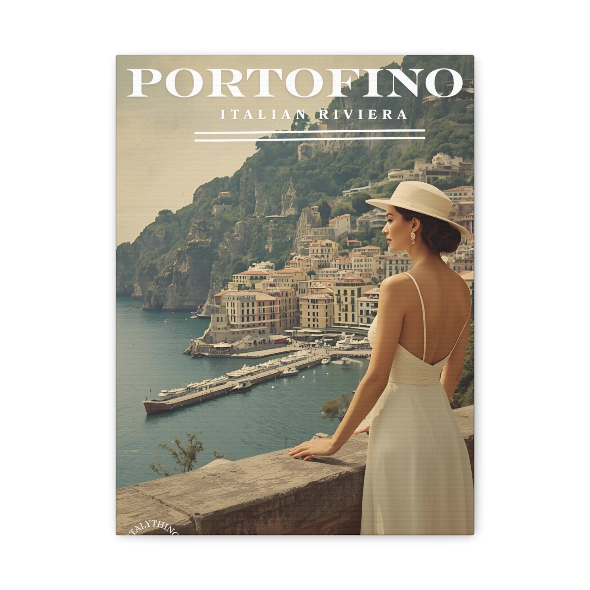 Portofino Vintage Canvas Print - with view over the harbour - Decorative Wall Art