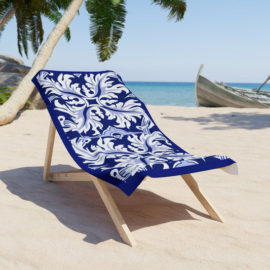 Elegant Italian Navy Majolica Print Beach Towel | Stylish Bathing Accessory for Summer Fun, Poolside Relaxation, Travel Essential, Gift for Beach Lovers