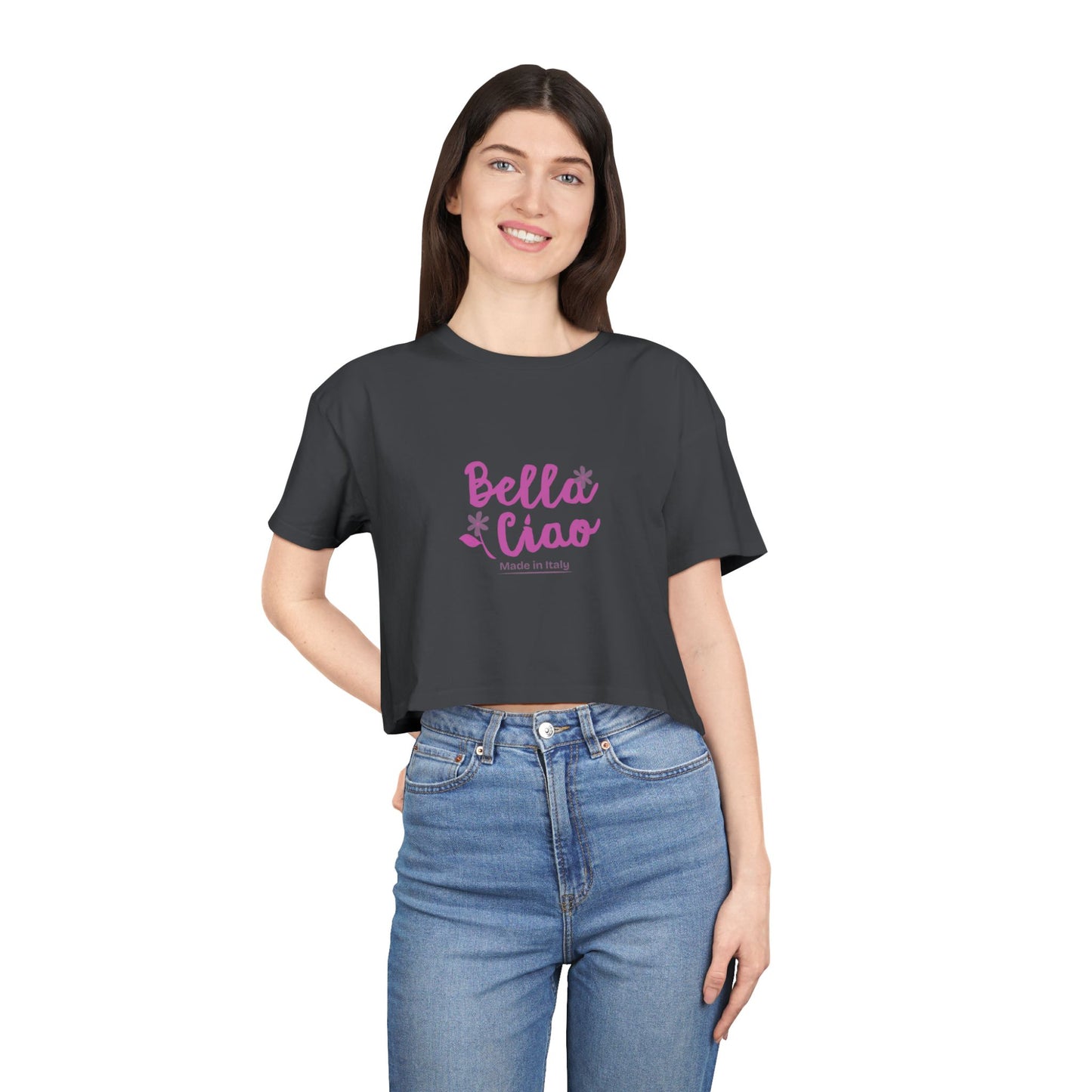 Bella Ciao Crop Tee — Feminine Italian Phrase Graphic Top