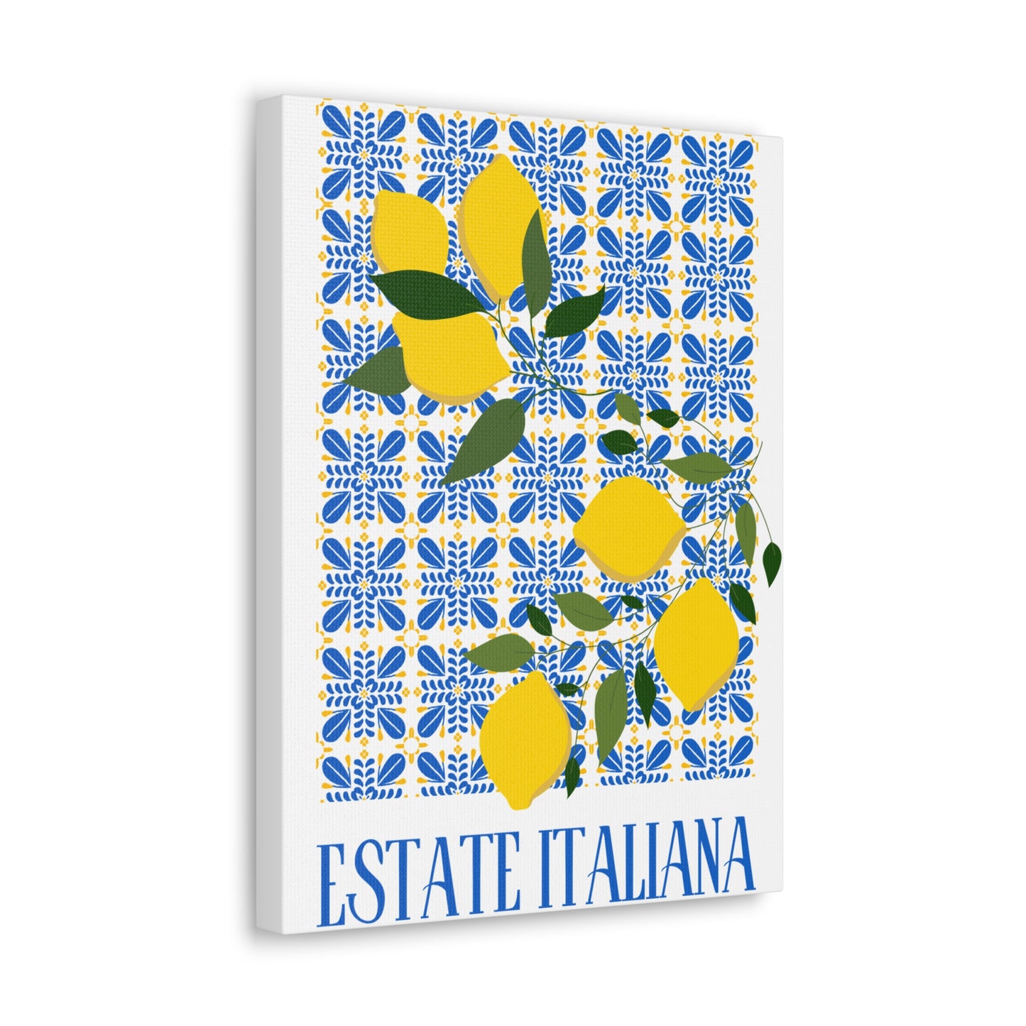 Estate Italiana – Italienischer Sommer – Leinwanddruck – mit dekorativen Zitronen und Majolika-Fliesen – Dekorative Wanddekoration