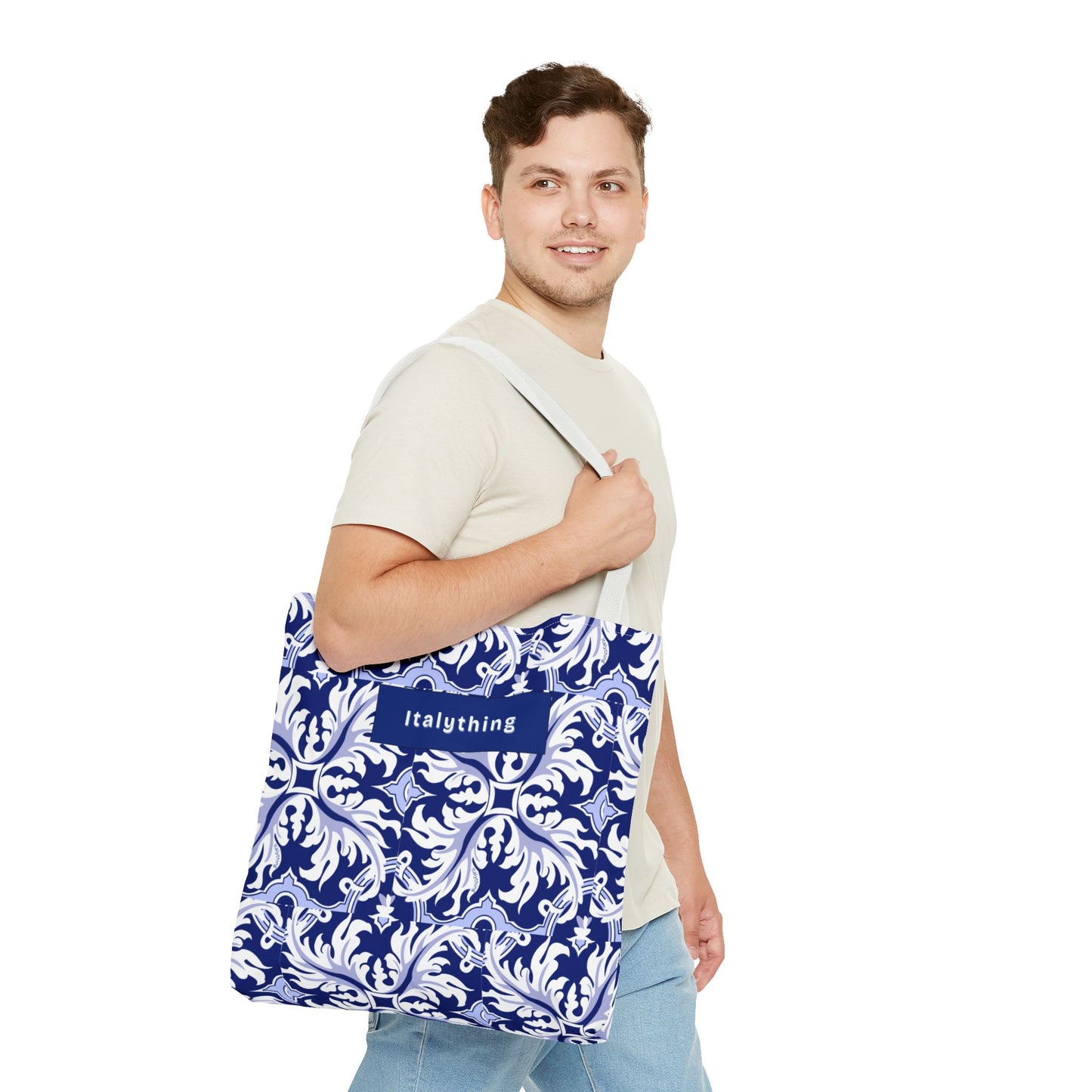 Elegant Navy Majolica Pattern Tote Bag, Stylish Shopping Bag