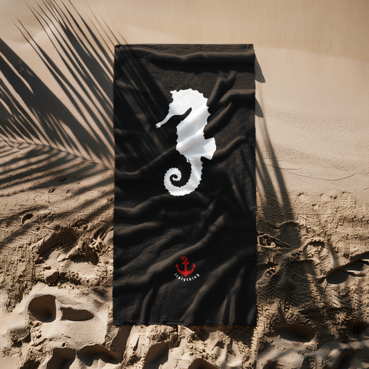 Seahorse Anchor Beach Towel – Nautical Black Coastal Beach Towel