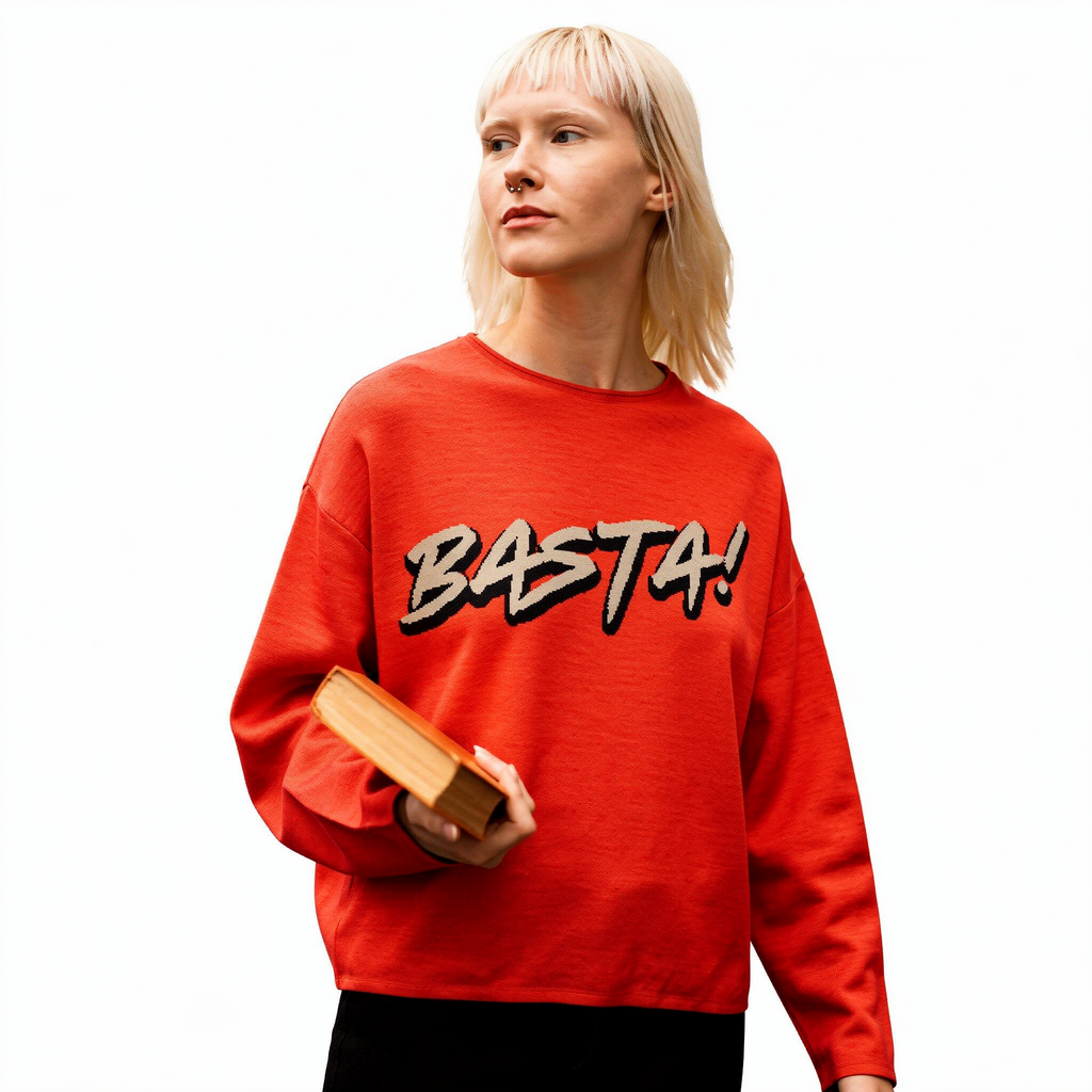 Bright Red Women’s straight bottom knitted sweater with Italian Basta-Pasta Expression