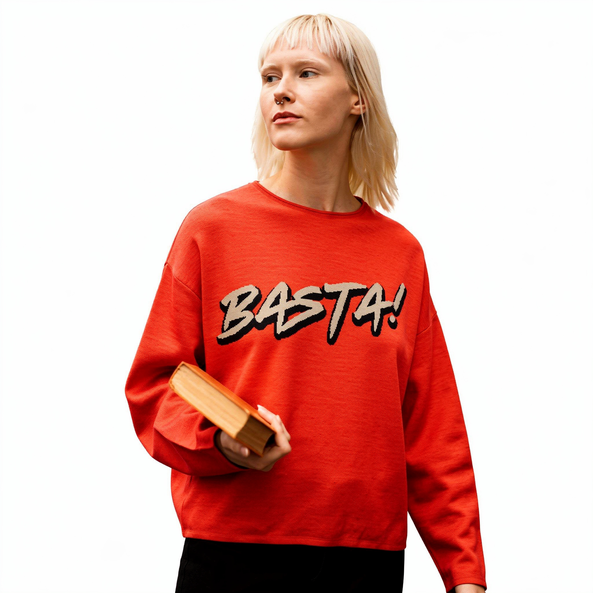 Bright Red Women’s straight bottom knitted sweater with Italian Basta-Pasta Expression