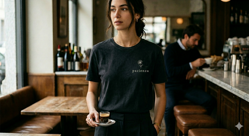 Italian Designer Ladies Scoop Neck T-Shirt with "pazienza" logo
