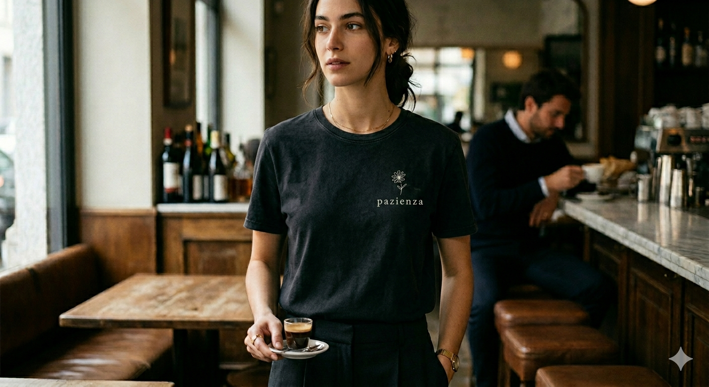 Italian Designer Ladies Scoop Neck T-Shirt with "pazienza" logo