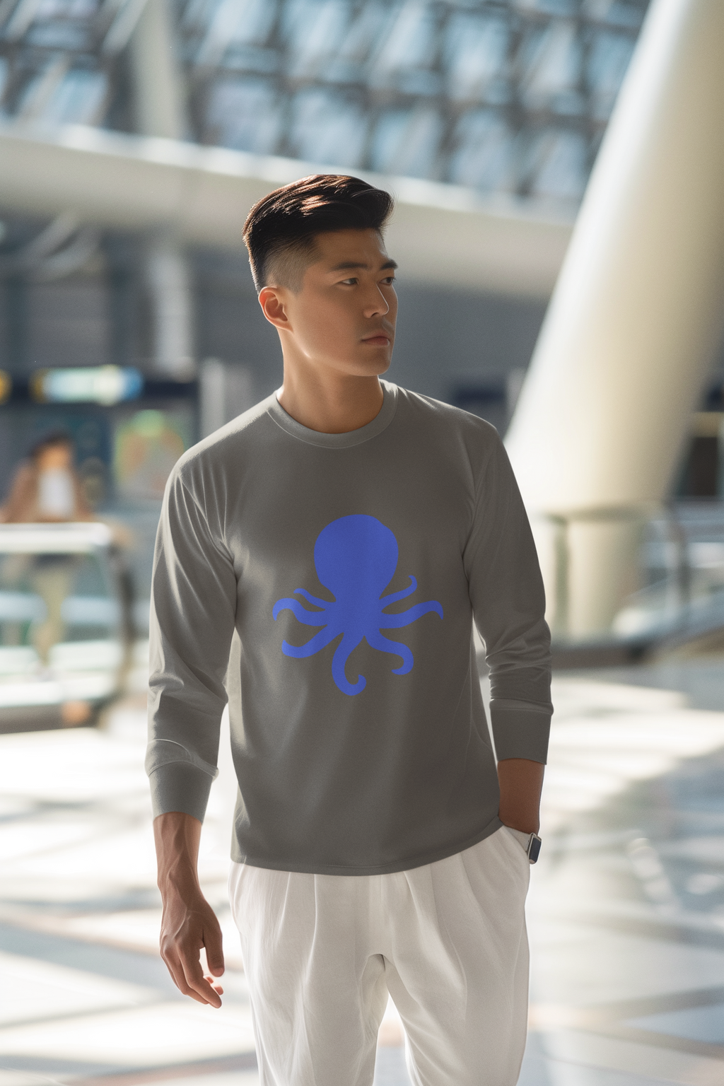 Grey knitted crew neck sweater with Octopus logo