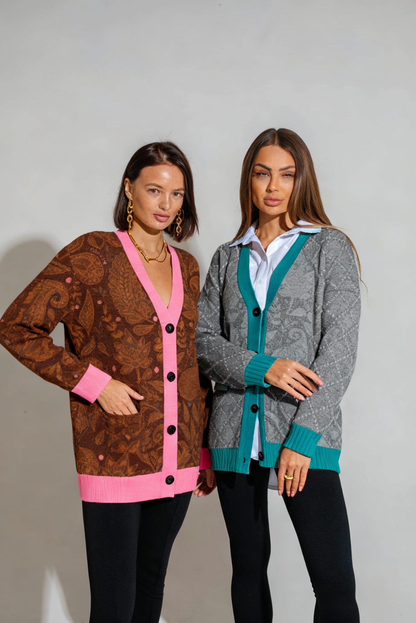 Paisley Pattern Knitted cardigan in greys with teal accents