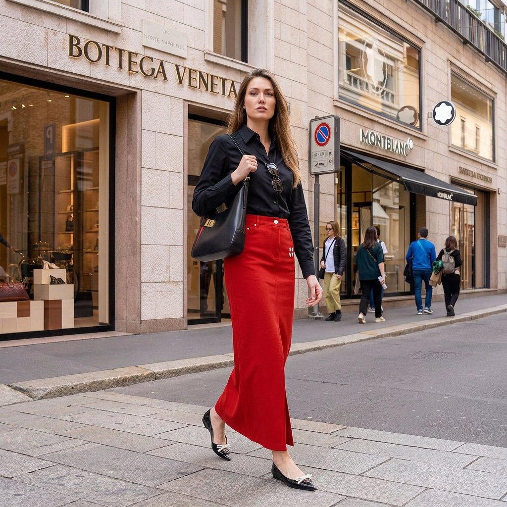 Milano Red Denim Maxi Skirt