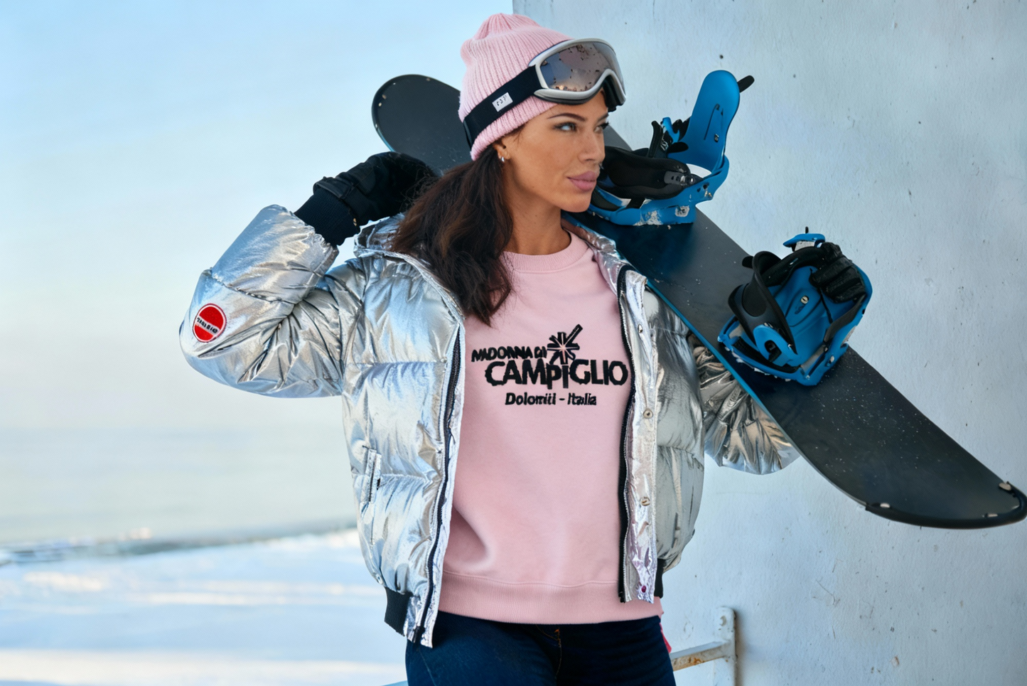 Pink Knitted crew neck sweater with the logo elegant ski resort Madonna Di Campiglio