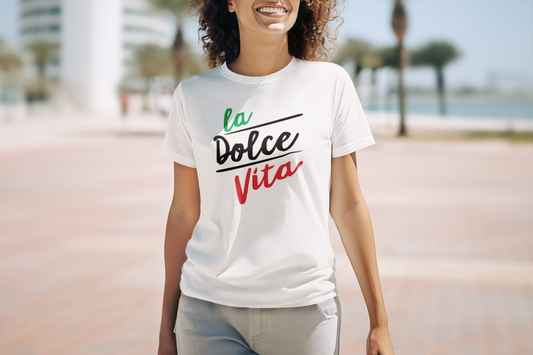 La Dolce Vita Women’s Tee — Italian Flag Script T-Shirt