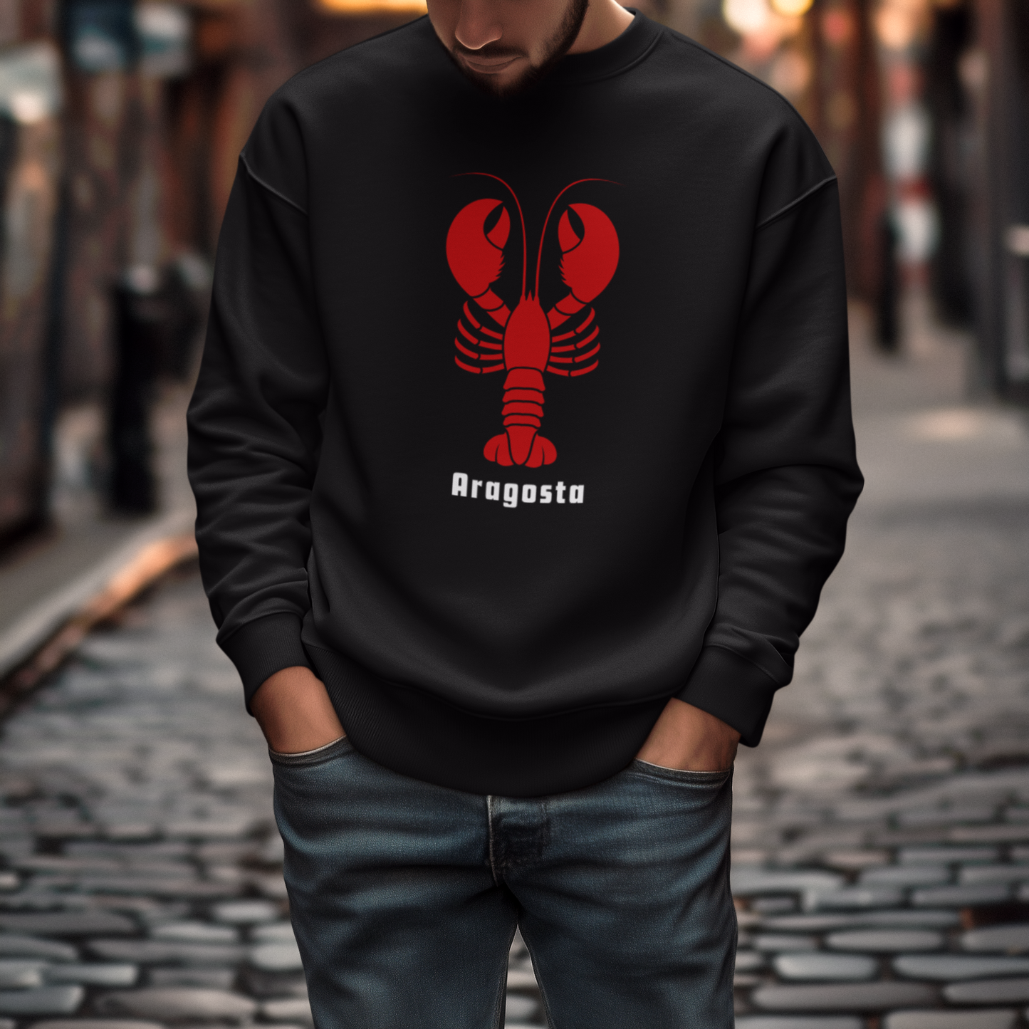 Italian Design Black Men’s Longsleeve Tee with lobster motif