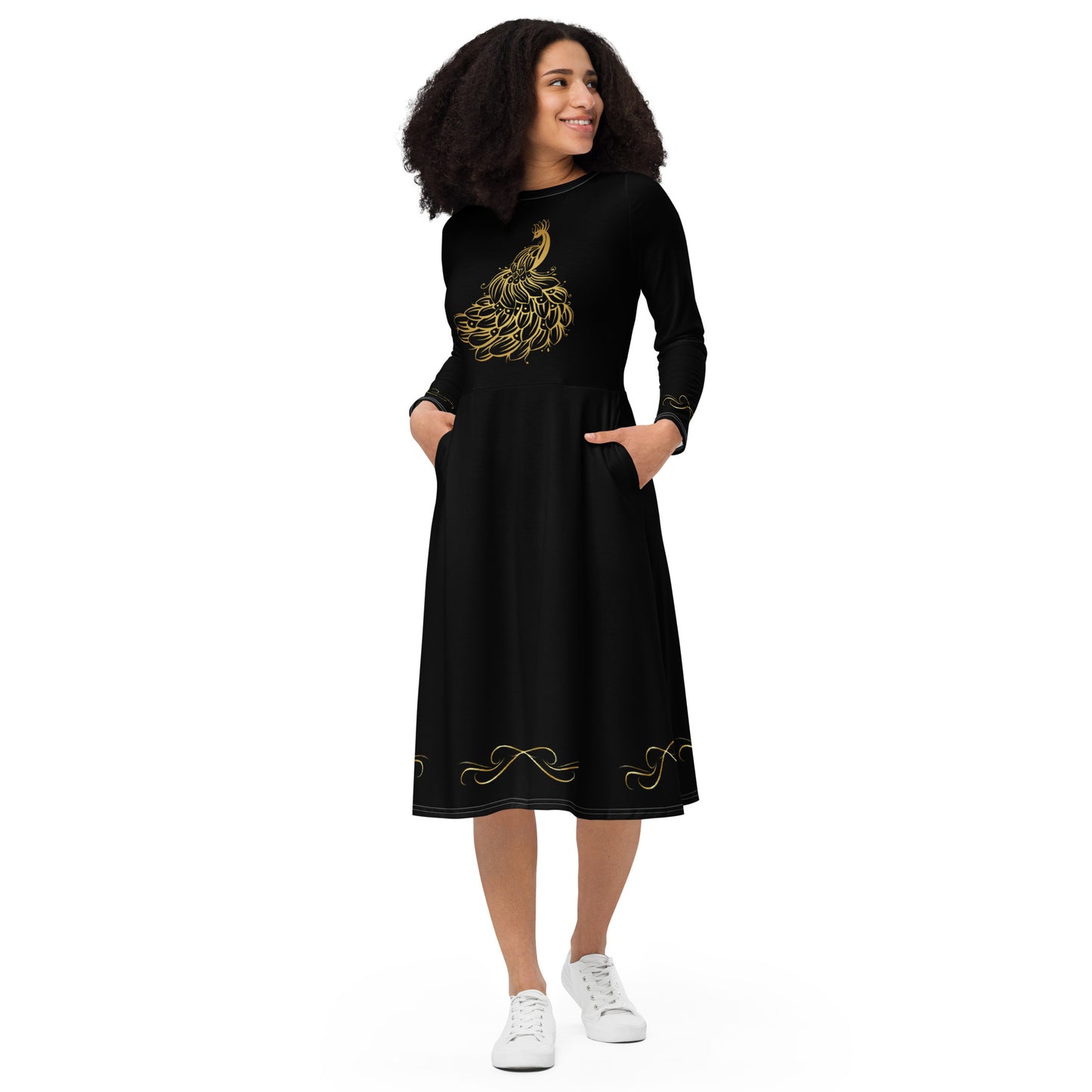 Kleid mit schwarzem Pfauenmotiv