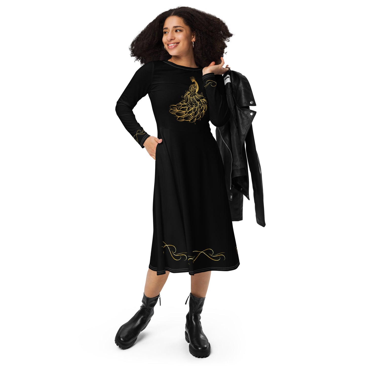 Kleid mit schwarzem Pfauenmotiv