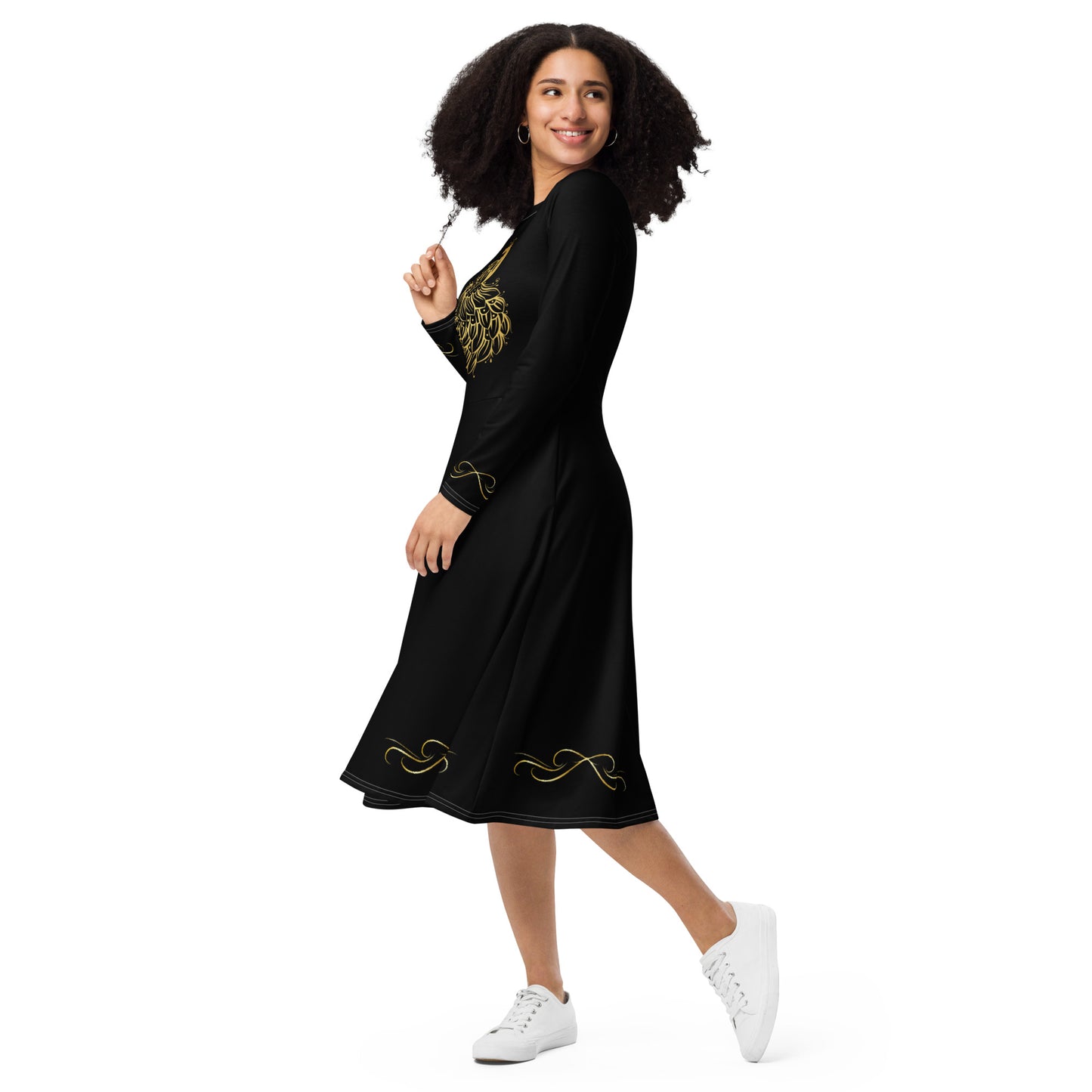Kleid mit schwarzem Pfauenmotiv
