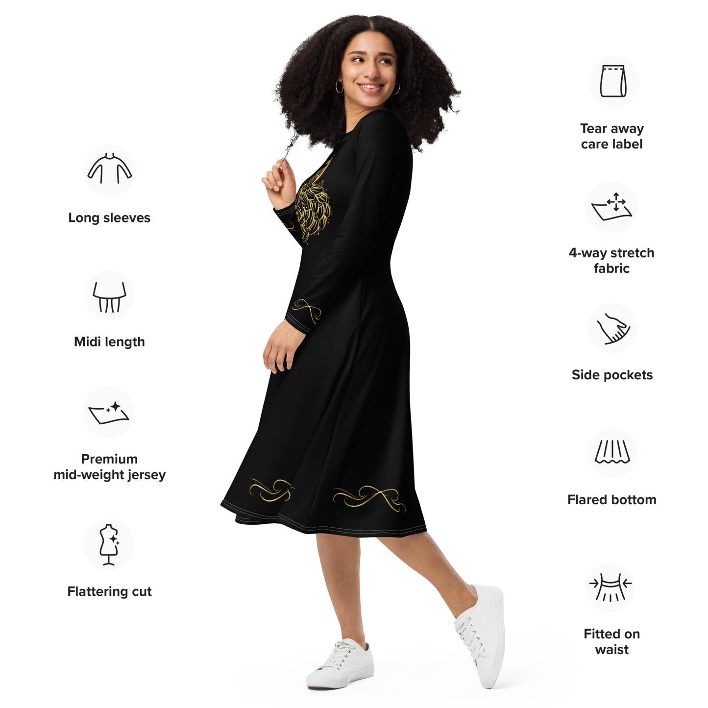 Kleid mit schwarzem Pfauenmotiv