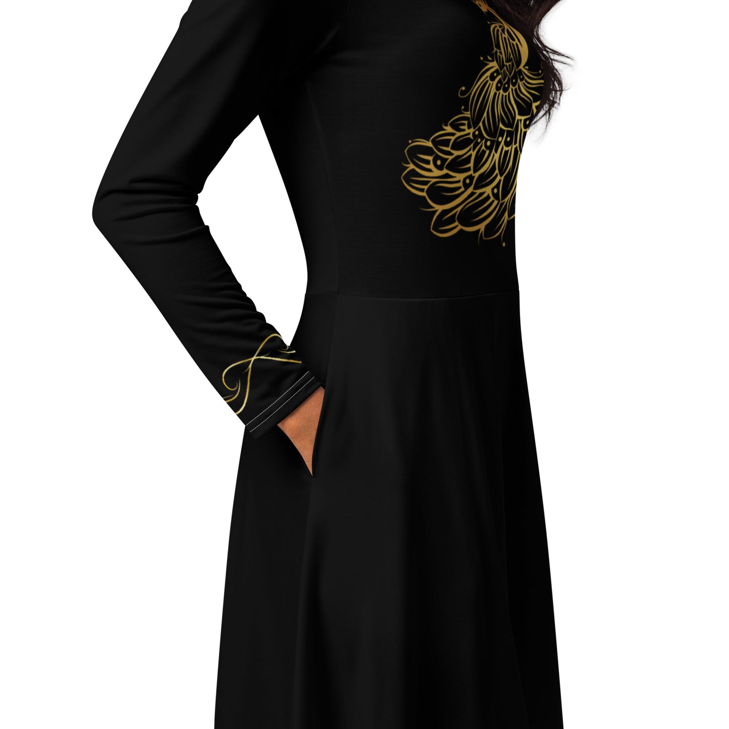 Kleid mit schwarzem Pfauenmotiv