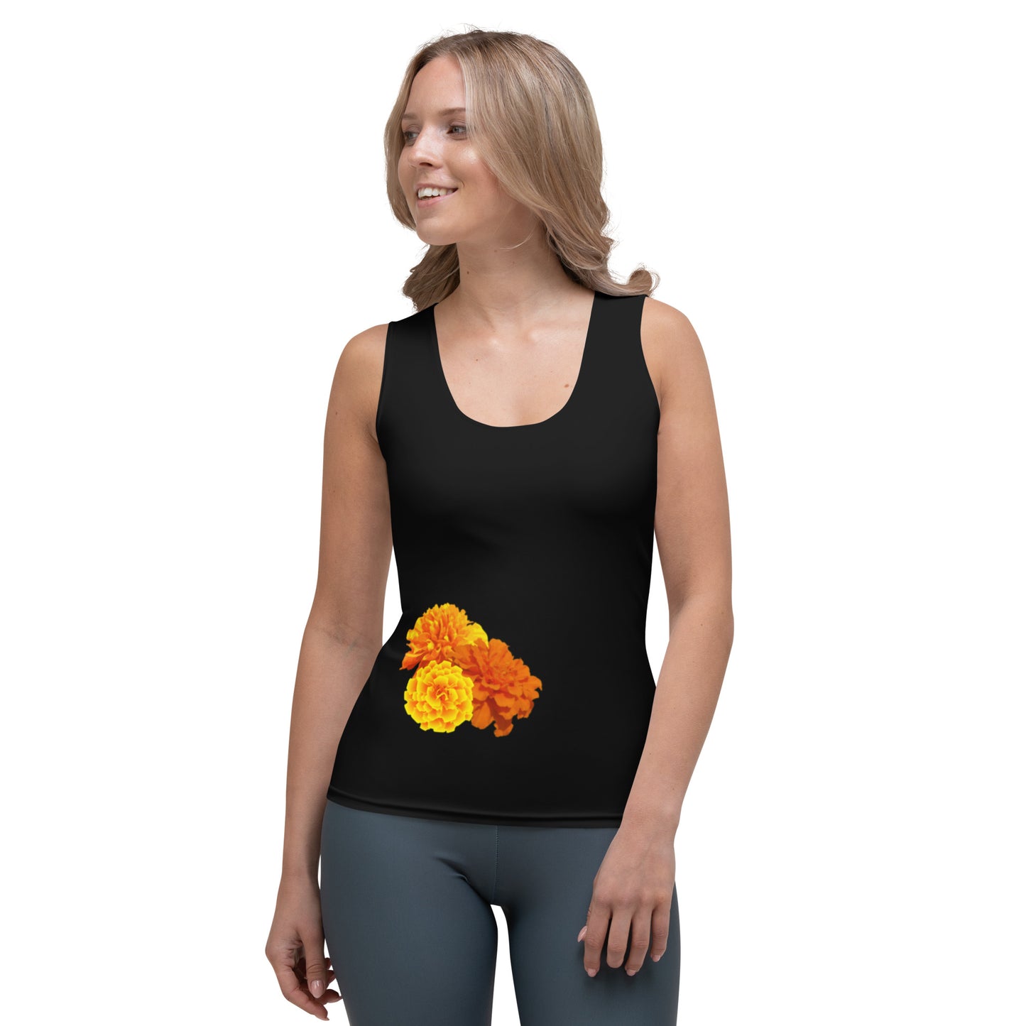 Schwarzes Sommer-Tanktop mit einzelnem Blumenmuster