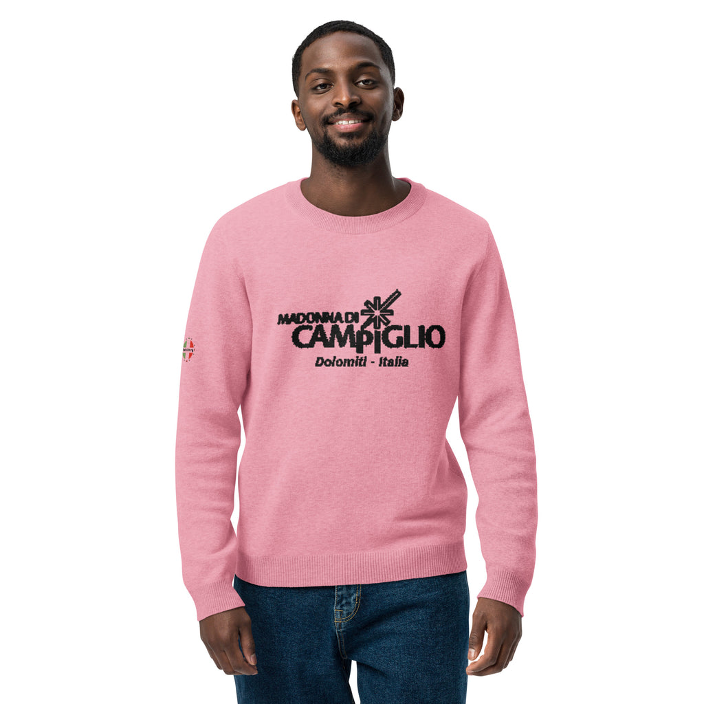 Rosa Strickpullover mit Rundhalsausschnitt und dem Logo des eleganten Skigebiets Madonna di Campiglio