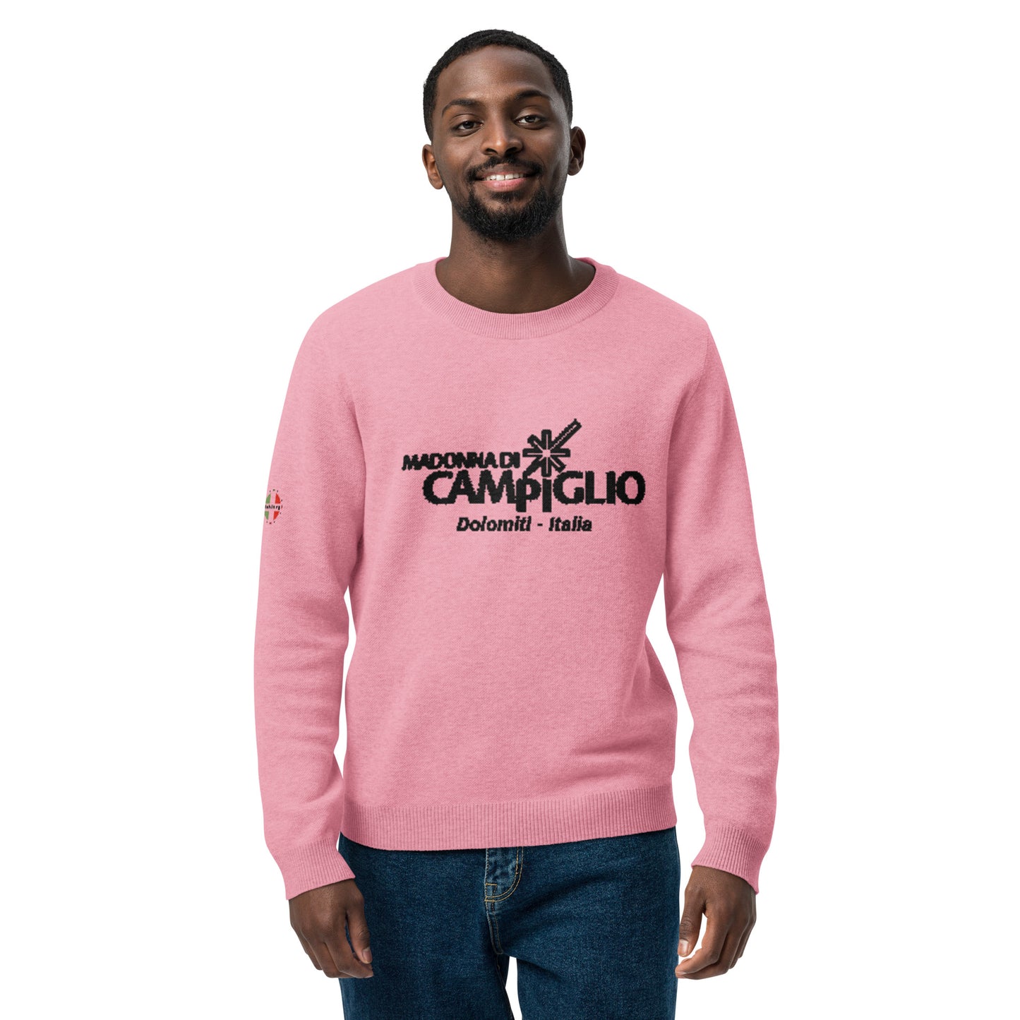 Pink Knitted crew neck sweater with the logo elegant ski resort Madonna Di Campiglio
