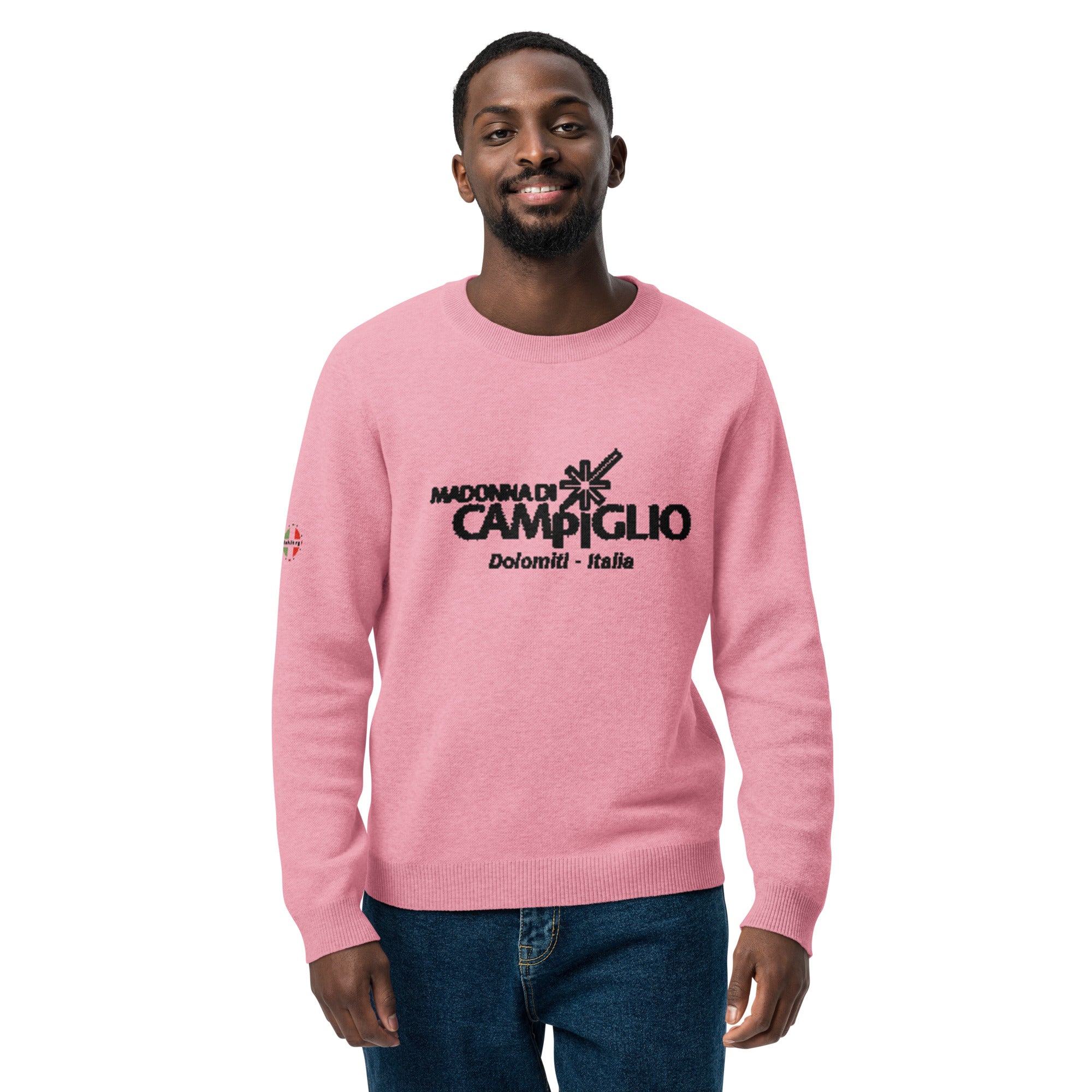 Rosa Strickpullover mit Rundhalsausschnitt und dem Logo des eleganten Skigebiets Madonna di Campiglio