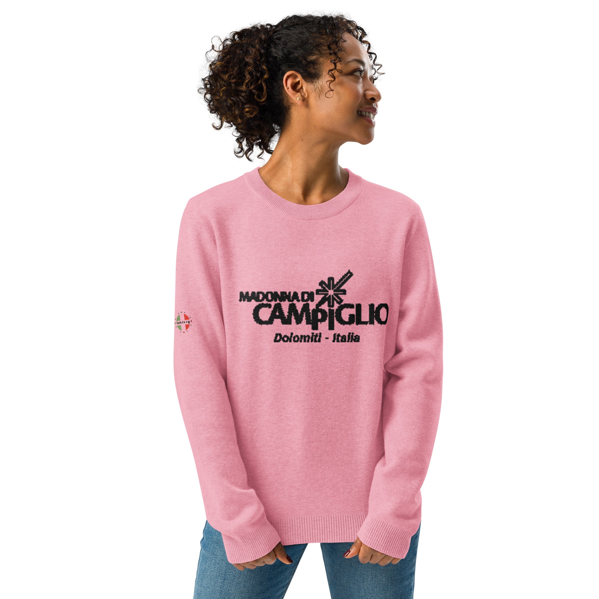 Rosa Strickpullover mit Rundhalsausschnitt und dem Logo des eleganten Skigebiets Madonna di Campiglio