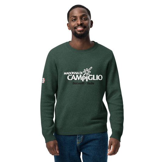Green Knitted crew neck sweater with the logo elegant ski resort Madonna Di Campiglio