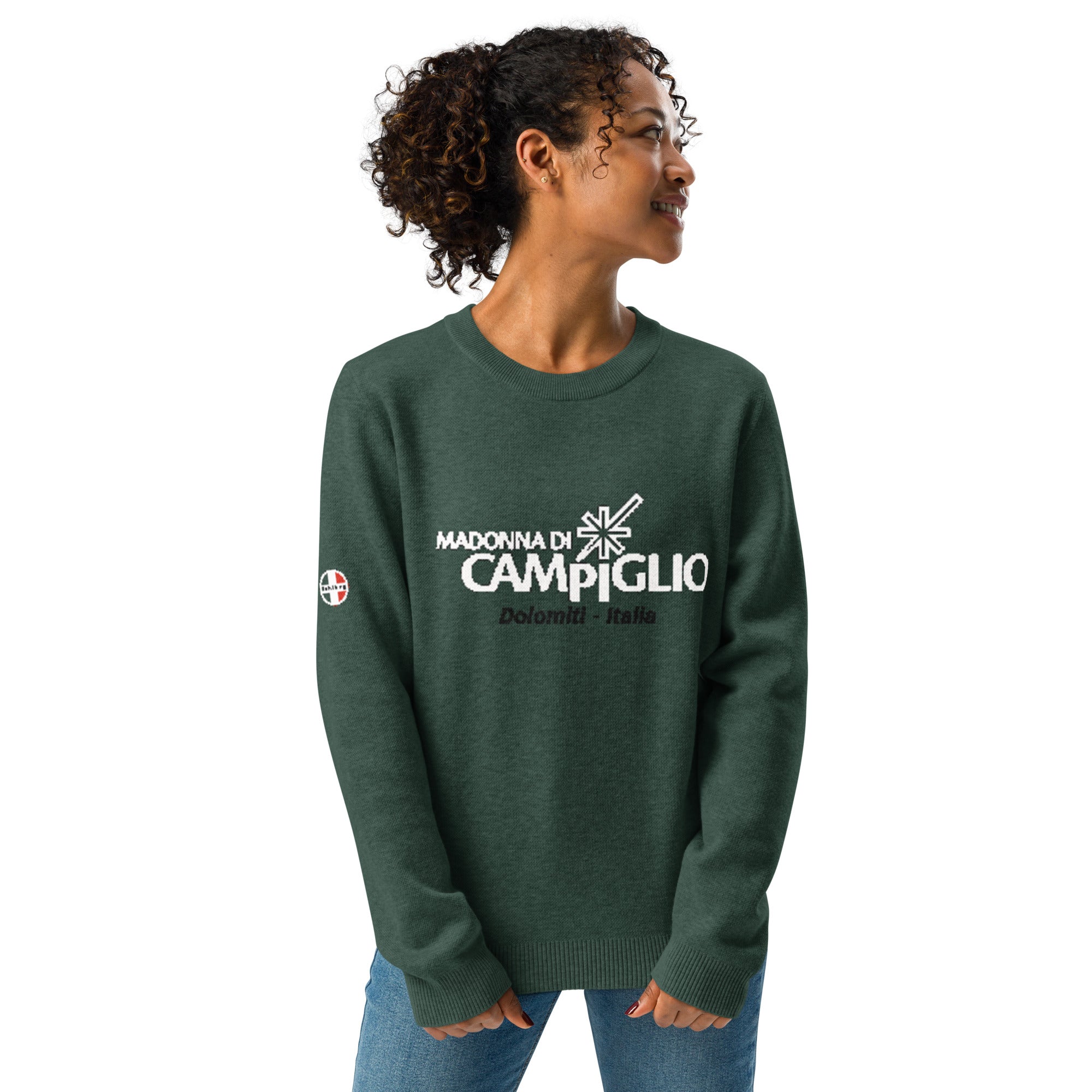 Green Knitted crew neck sweater with the logo elegant ski resort Madonna Di Campiglio