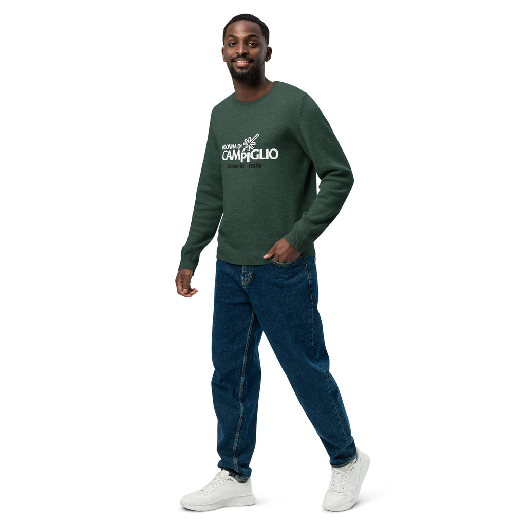 Green Knitted crew neck sweater with the logo elegant ski resort Madonna Di Campiglio