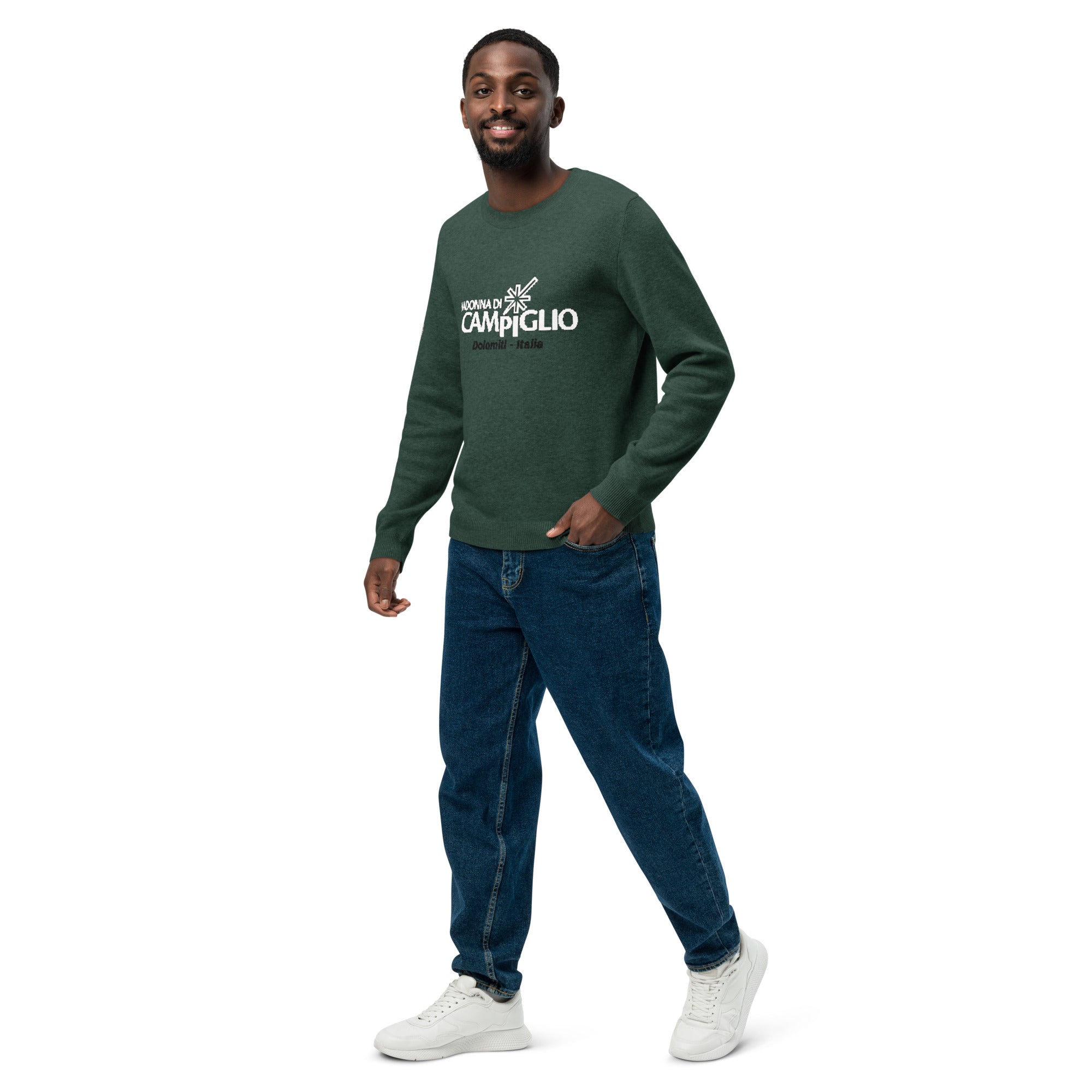 Green Knitted crew neck sweater with the logo elegant ski resort Madonna Di Campiglio