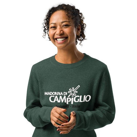 Green Knitted crew neck sweater with the logo elegant ski resort Madonna Di Campiglio