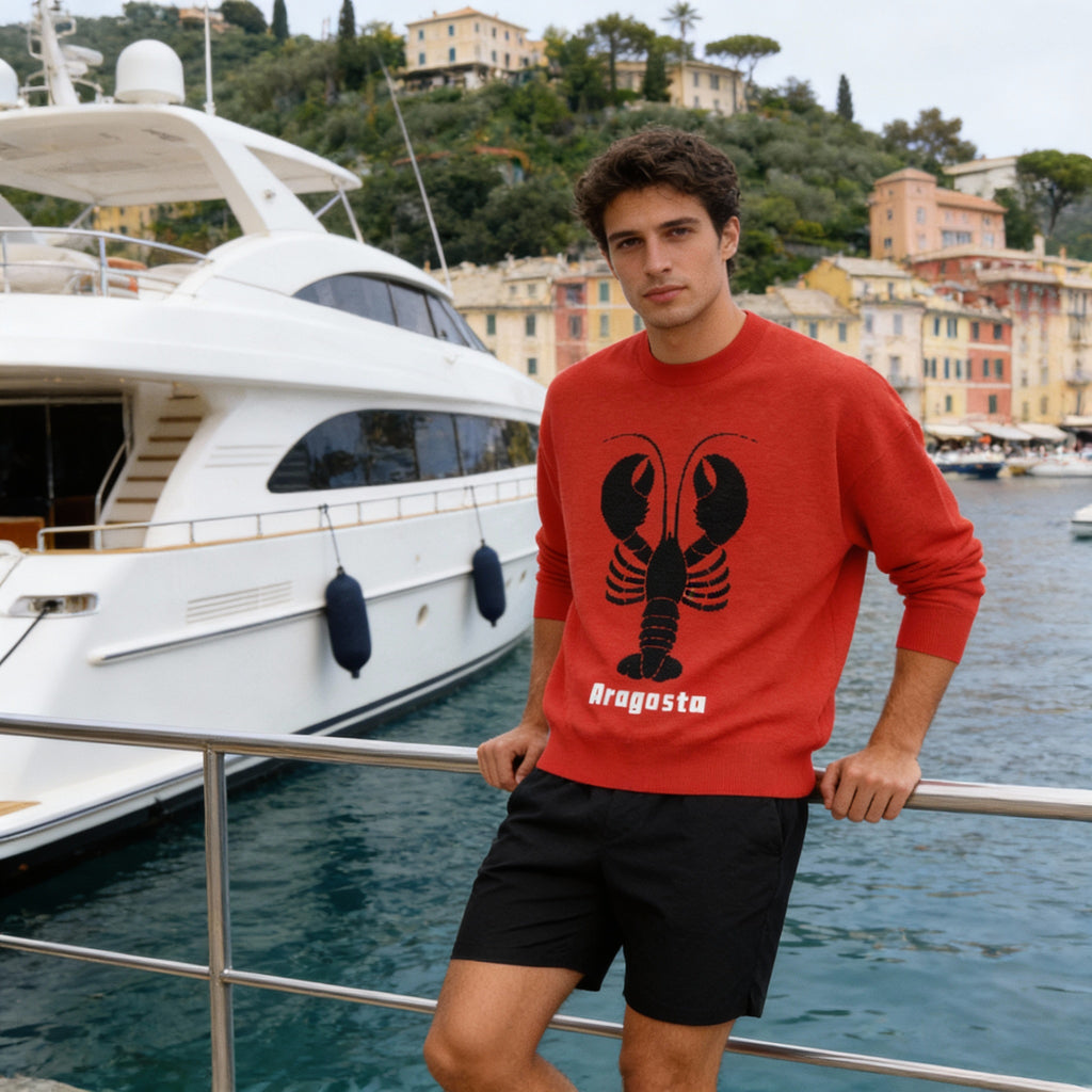 Bright Red Relaxed fit knitted crew neck sweater with lobster motif