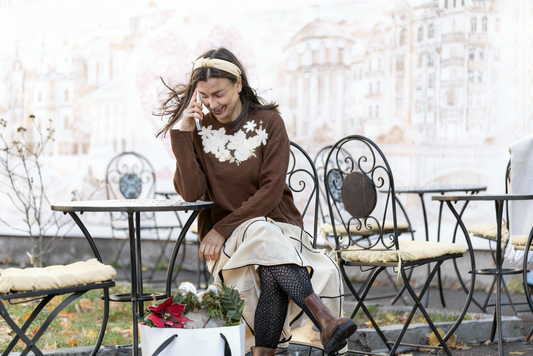 Brown Women’s straight bottom knitted sweater with white Flower Design