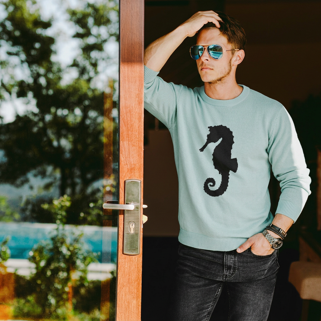 Hellblauer, locker geschnittener Strickpullover mit Rundhalsausschnitt und Seepferdchenmotiv