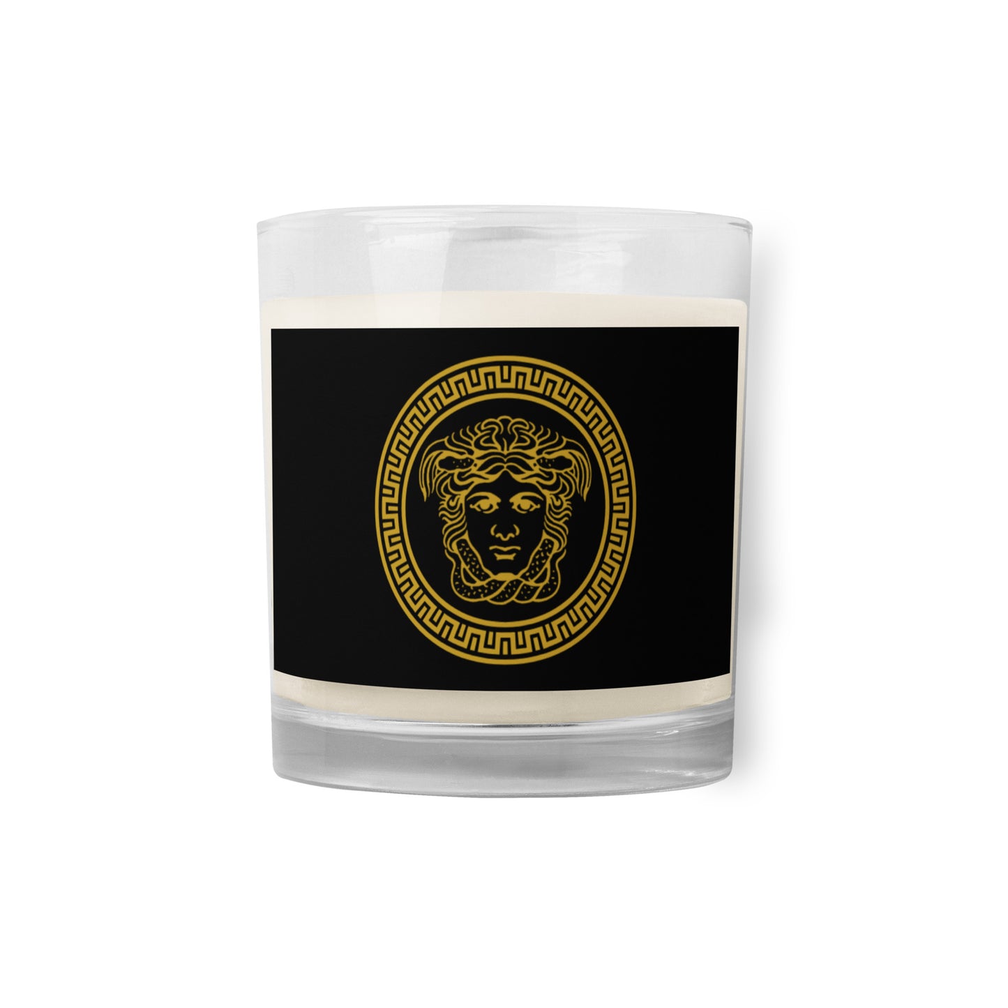 Sojawachskerze im Glas mit Medusa-Motiv