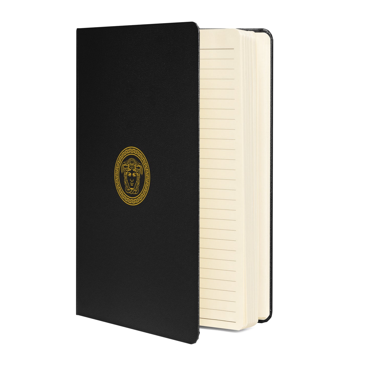 Stylish Hardcover bound notebook in black with distinct Medusa Emblem