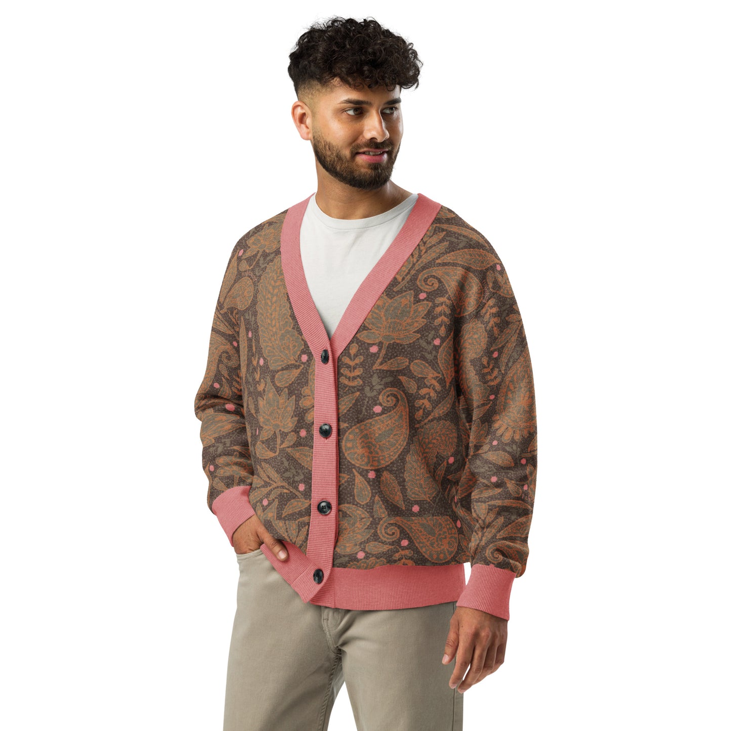 Paisley Knitted cardigan Brown Beige with Coral Pink Accents