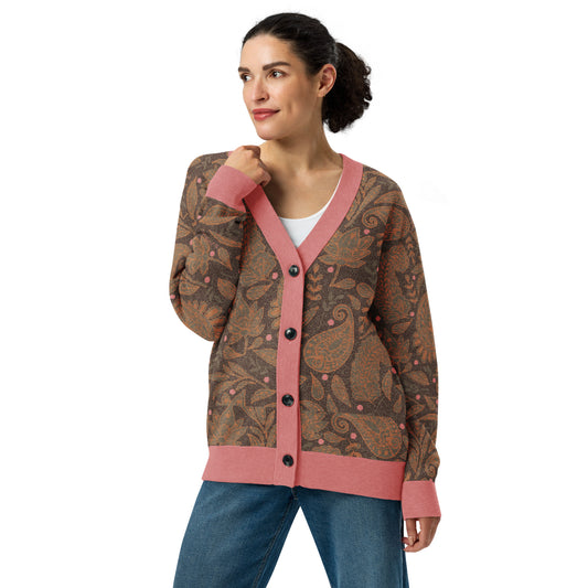 Paisley Knitted cardigan Brown Beige with Coral Pink Accents