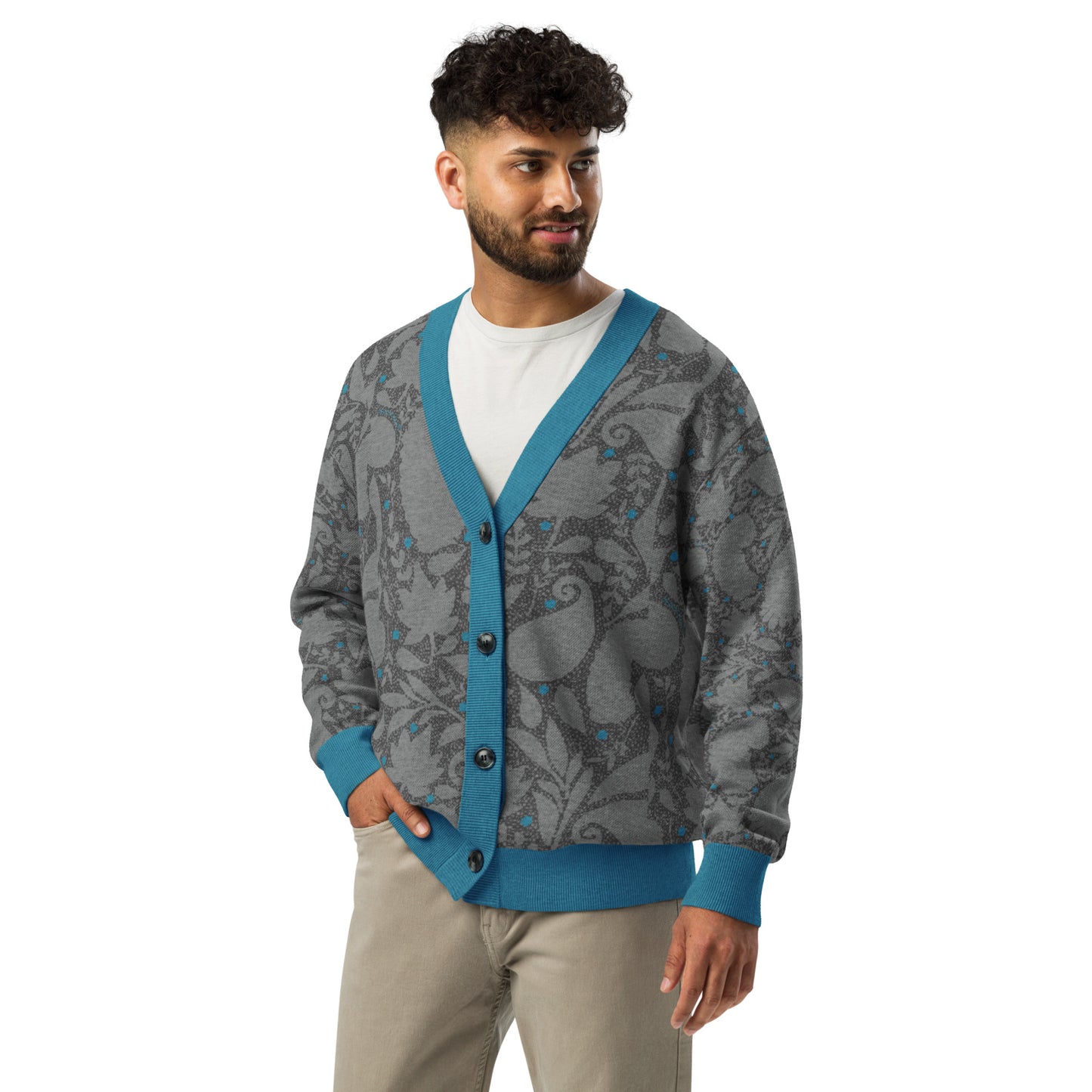 Paisley Pattern Knitted cardigan in greys with teal accents