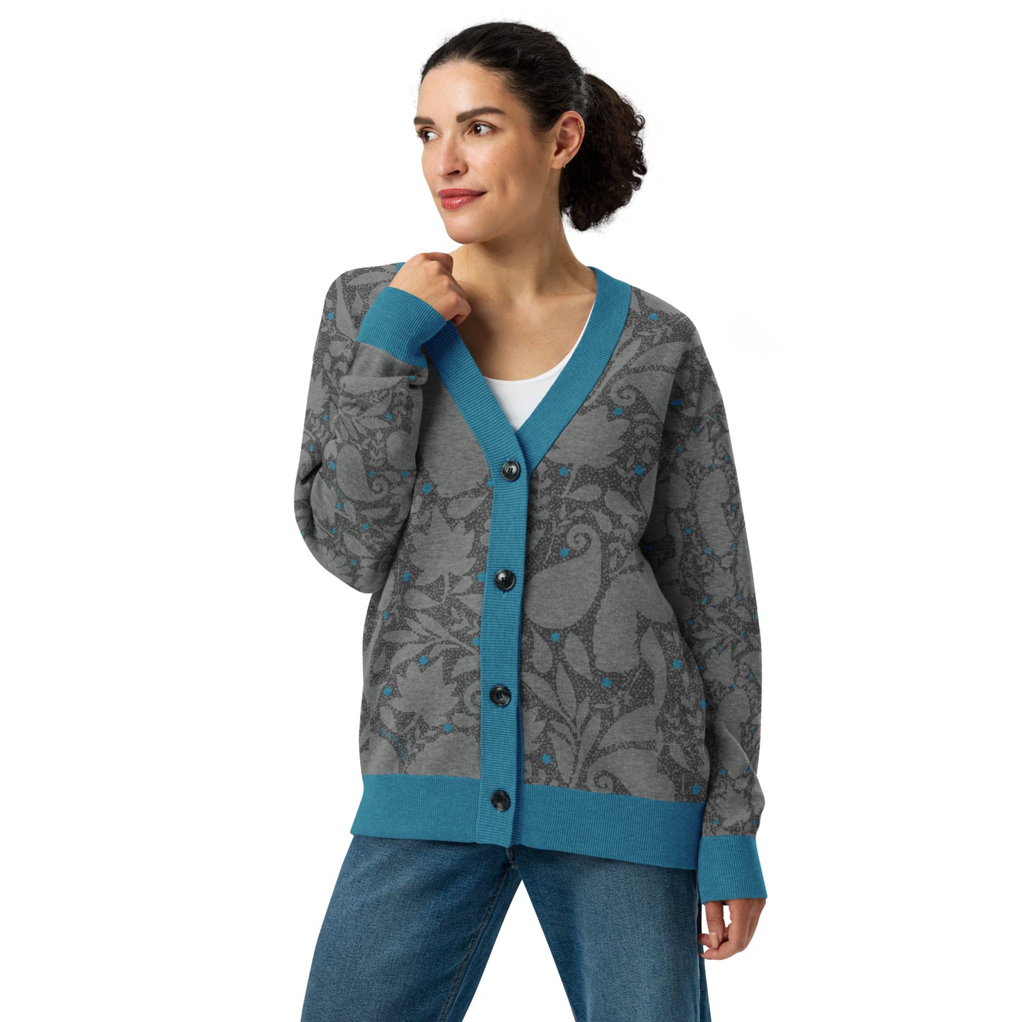 Paisley Pattern Knitted cardigan in greys with teal accents