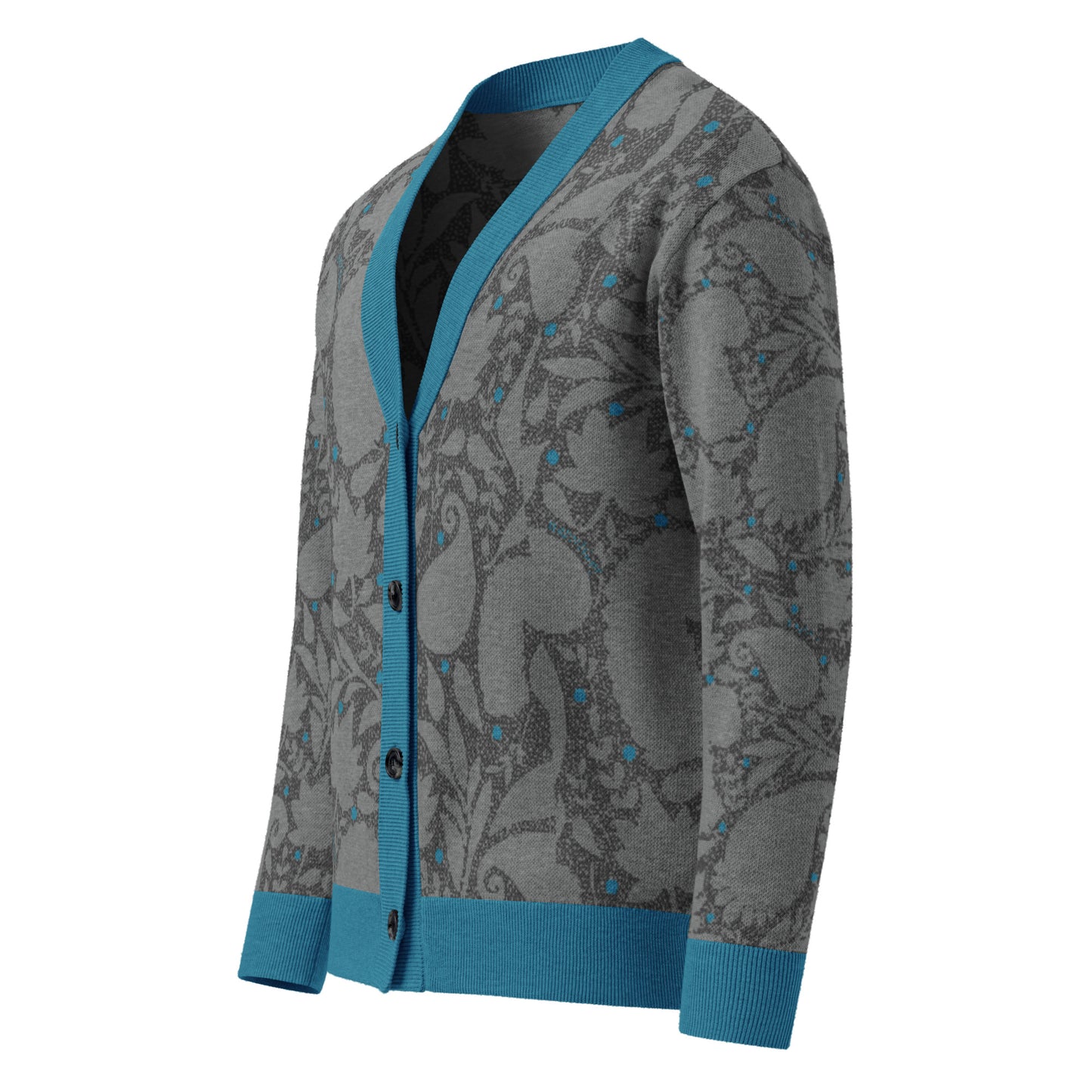 Paisley Pattern Knitted cardigan in greys with teal accents