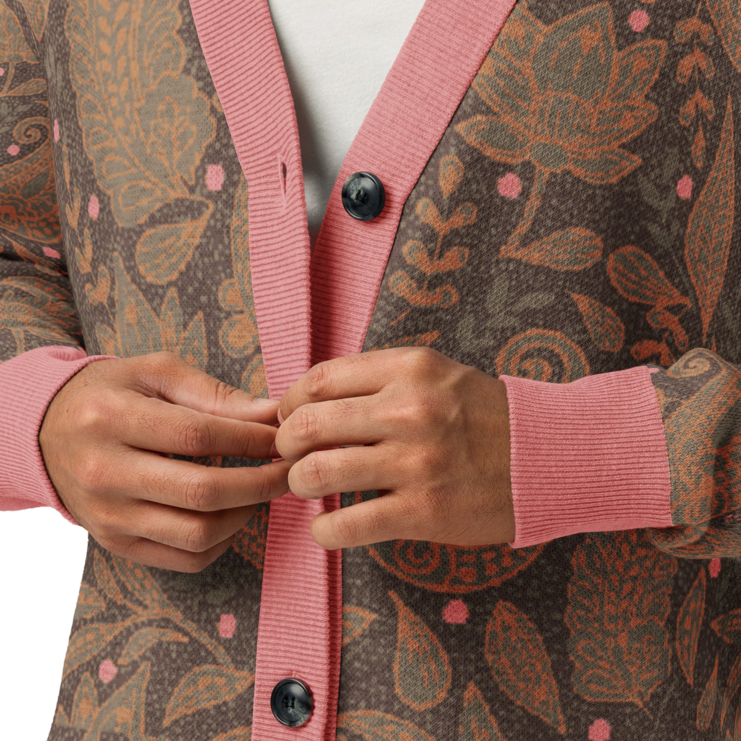 Paisley Knitted cardigan Brown Beige with Coral Pink Accents