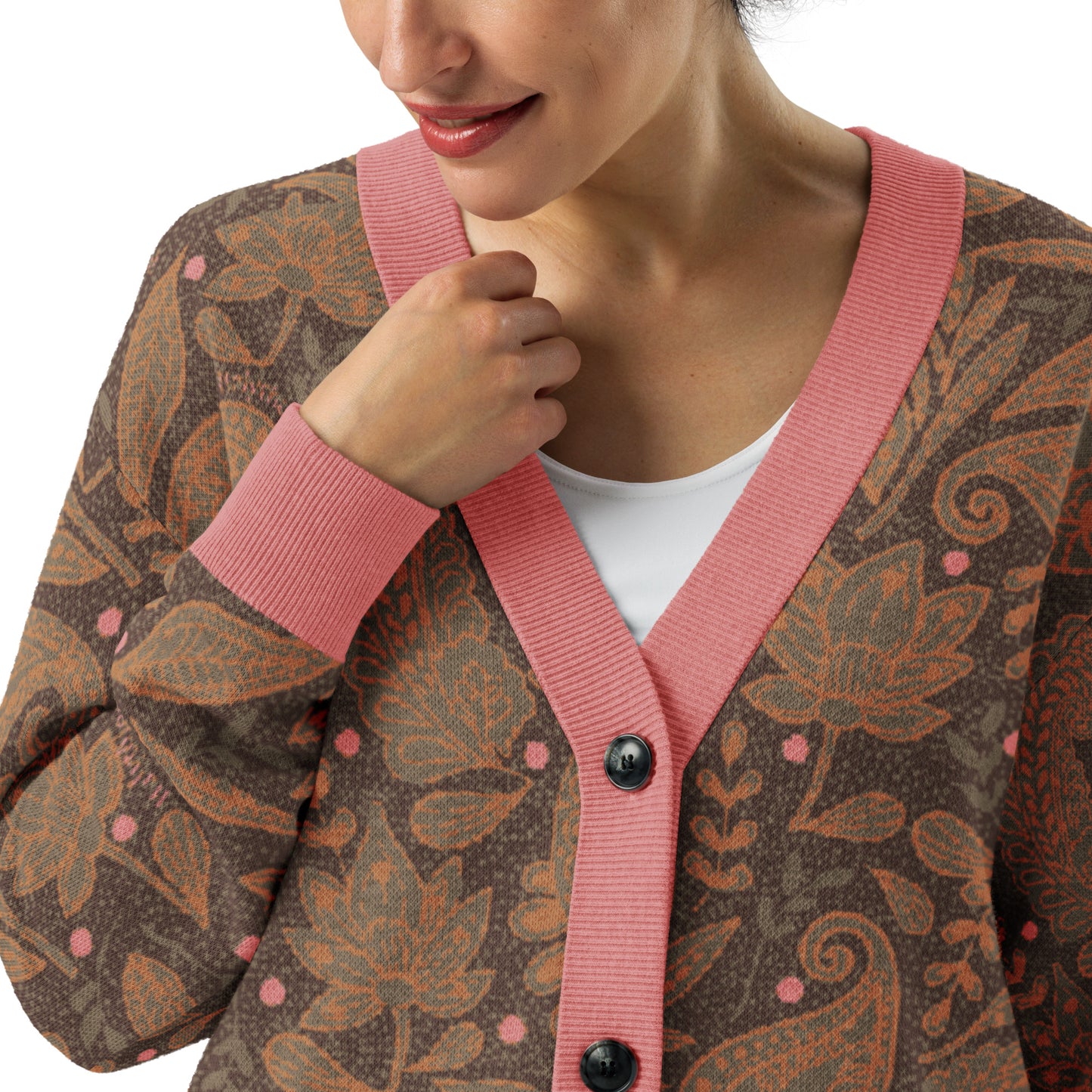 Paisley Knitted cardigan Brown Beige with Coral Pink Accents