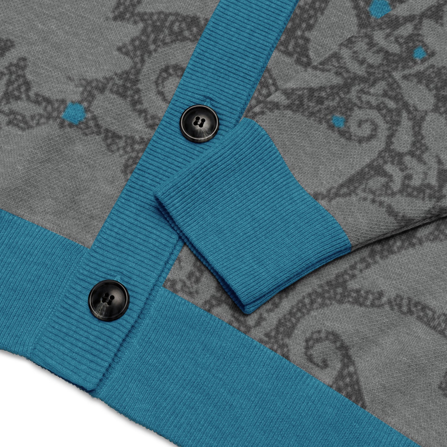 Paisley Pattern Knitted cardigan in greys with teal accents